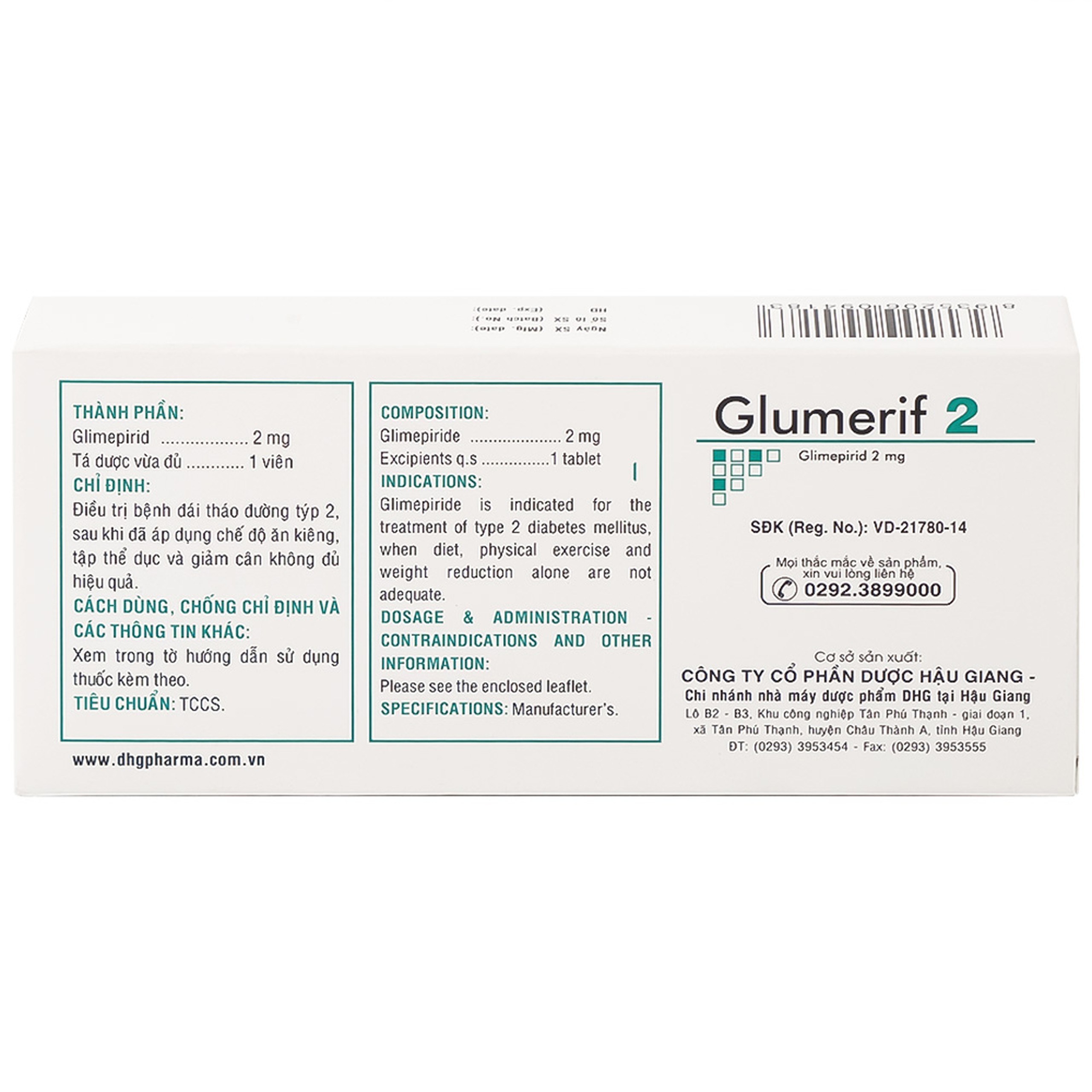 Thuốc Glumerif 2 DHG điều trị bệnh đái tháo đường típ 2 (3 vỉ x 10 viên)