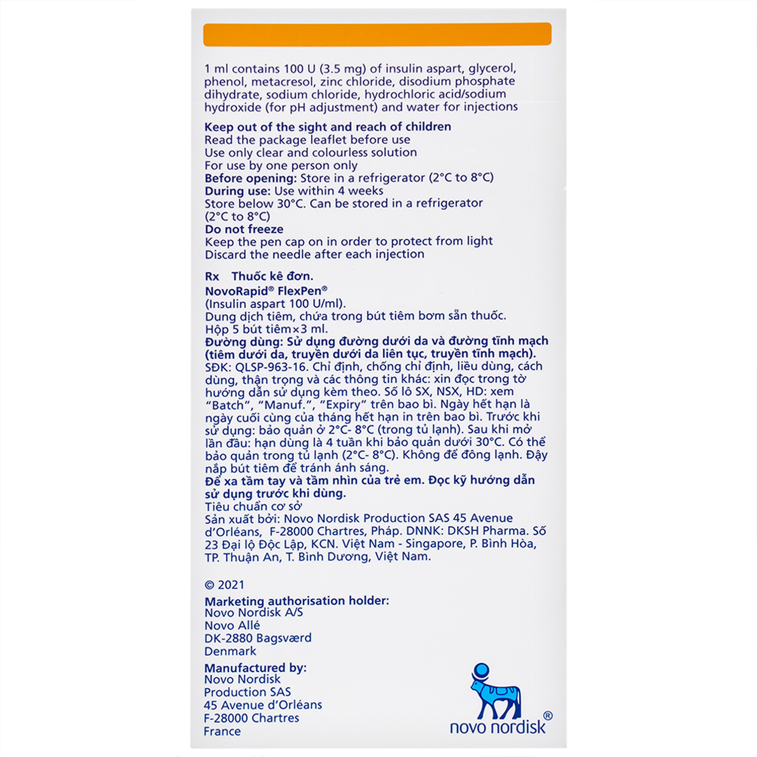 Bút tiêm Novorapid FlexPen 100U/ml Novo Nordisk kiểm soát đường huyết (5 cây x 3ml)