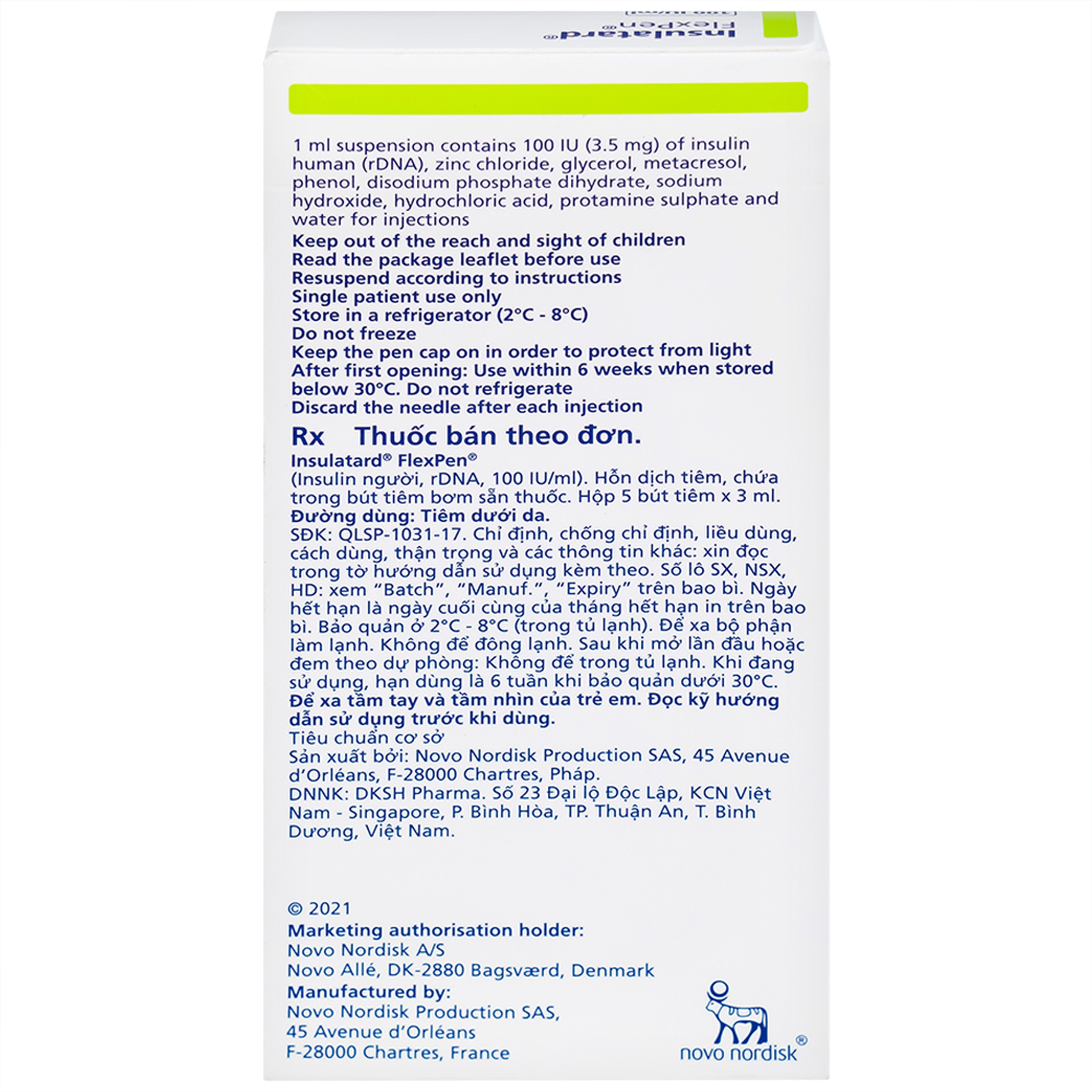 Bút tiêm Insulatard FlexPen 100IU/ml Novo Nordisk điều trị bệnh đái tháo đường (5 cây)