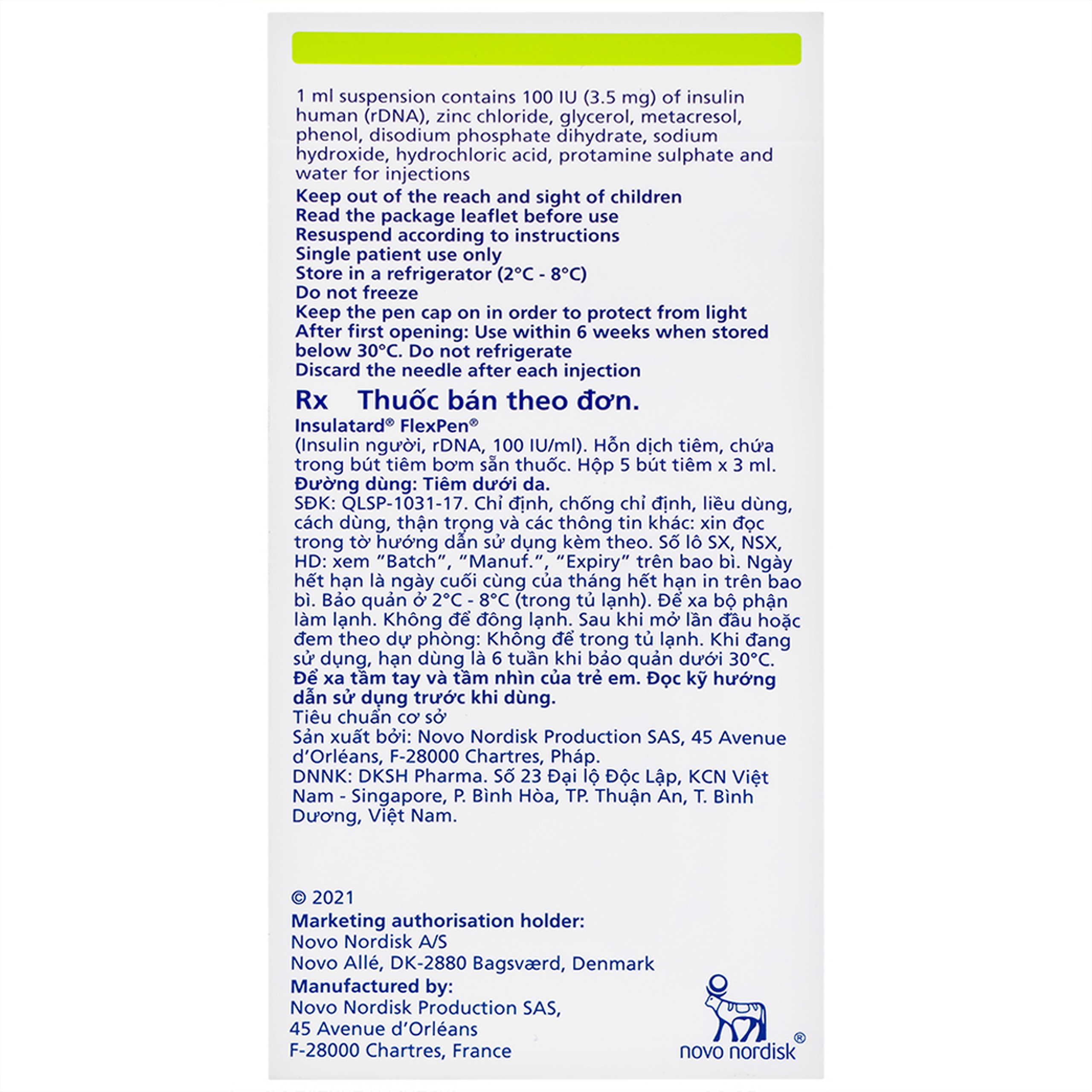 Bút tiêm Insulatard FlexPen 100IU/ml Novo Nordisk điều trị bệnh đái tháo đường (5 cây)