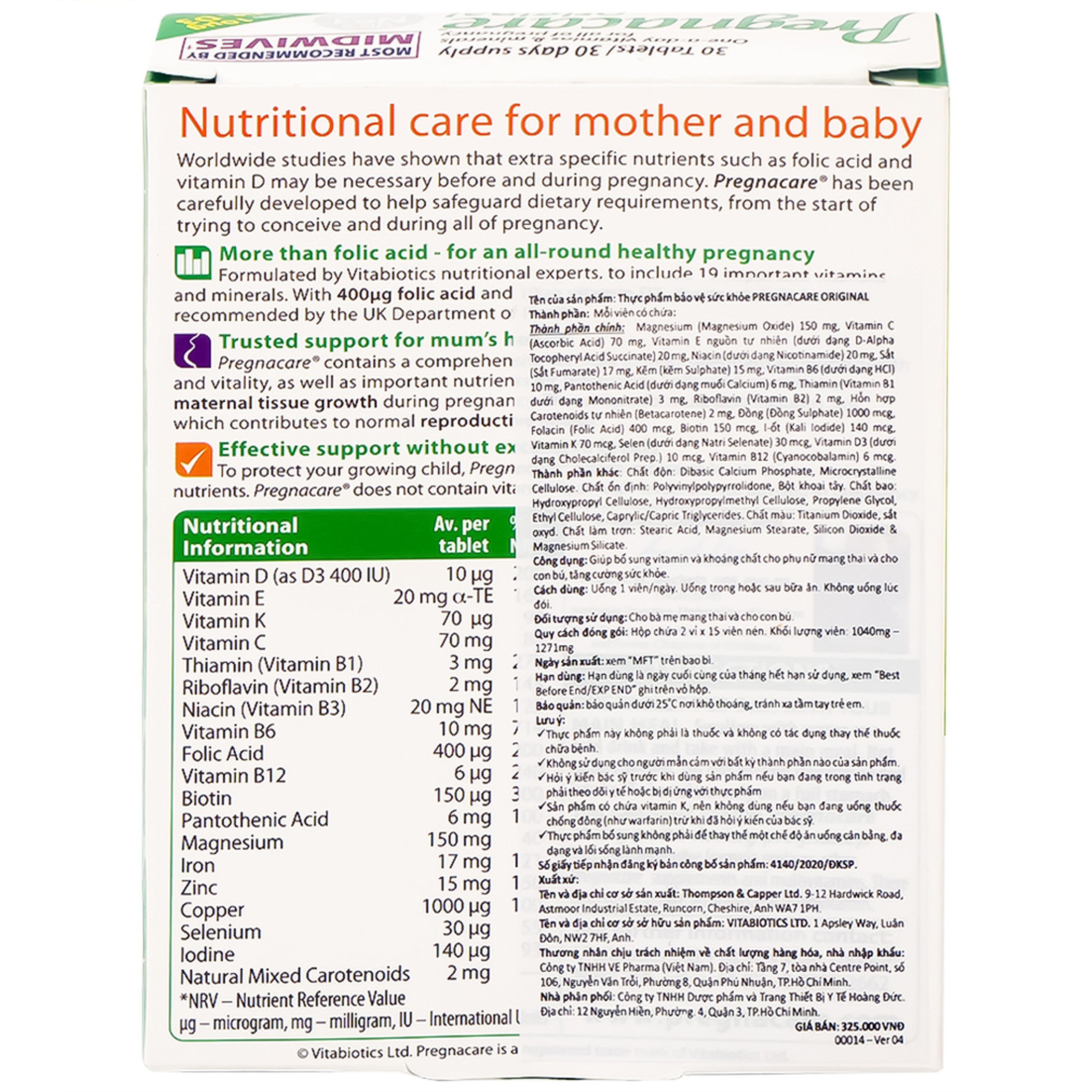 Thực phẩm bảo vệ sức khoẻ Pregnacare Original Vitabiotics giúp bổ sung vitamin, khoáng chất cho phụ nữ mang thai và cho con bú (2 vỉ x 15 viên)