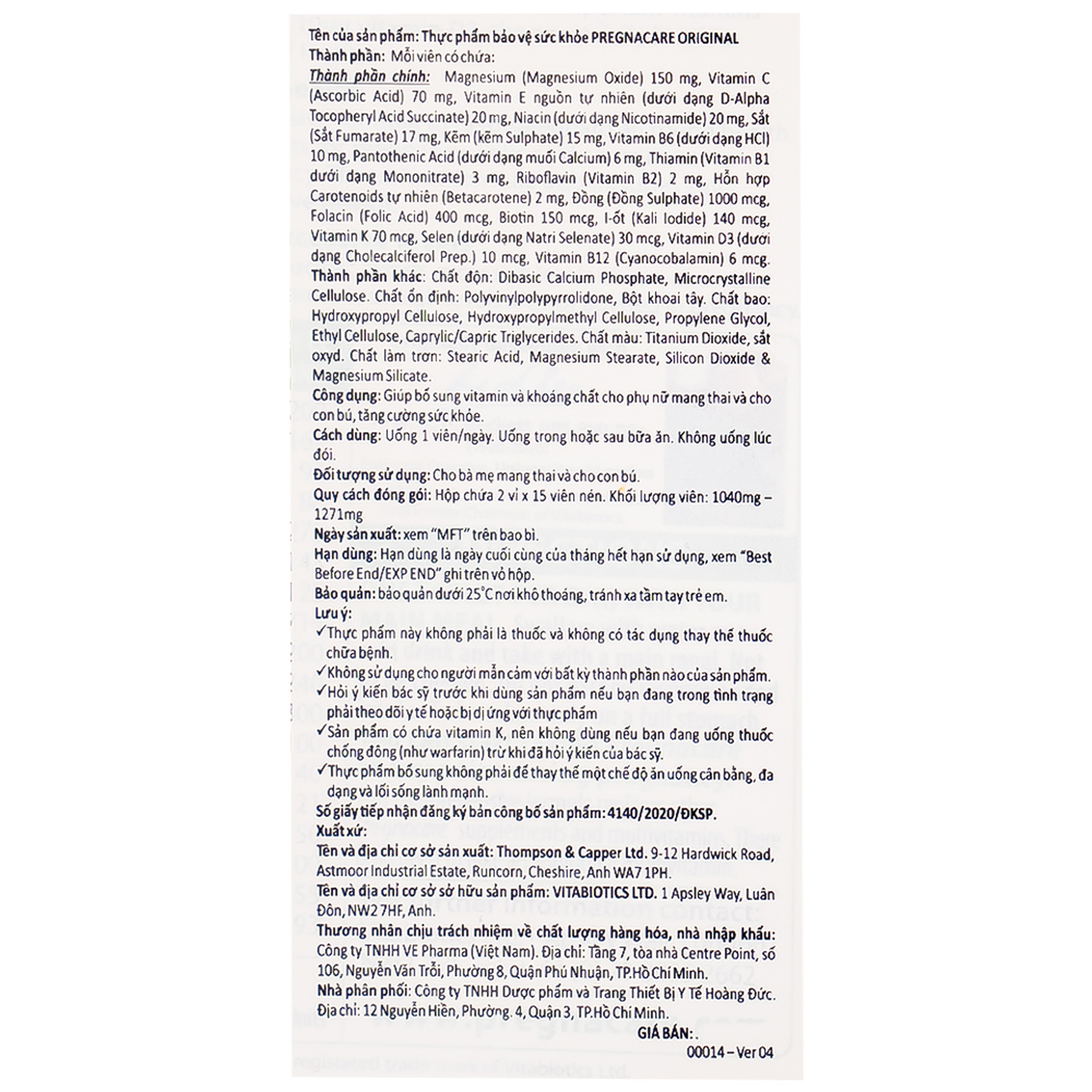 Thực phẩm bảo vệ sức khoẻ Pregnacare Original Vitabiotics giúp bổ sung vitamin, khoáng chất cho phụ nữ mang thai và cho con bú (2 vỉ x 15 viên)