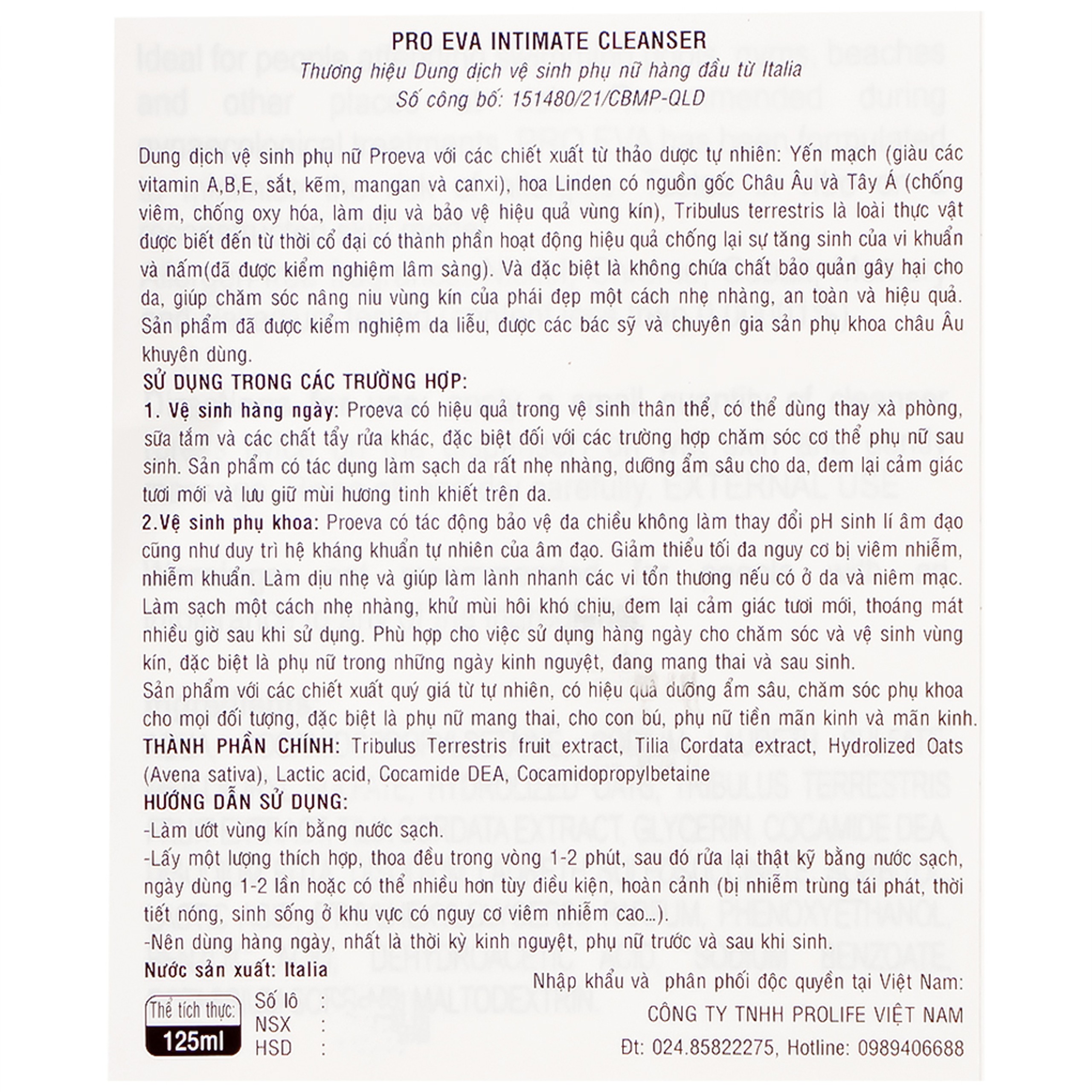 Dung dịch vệ sinh phụ nữ Proeva Intimate Cleanser dịu nhẹ, an toàn cho vùng kín (125ml)