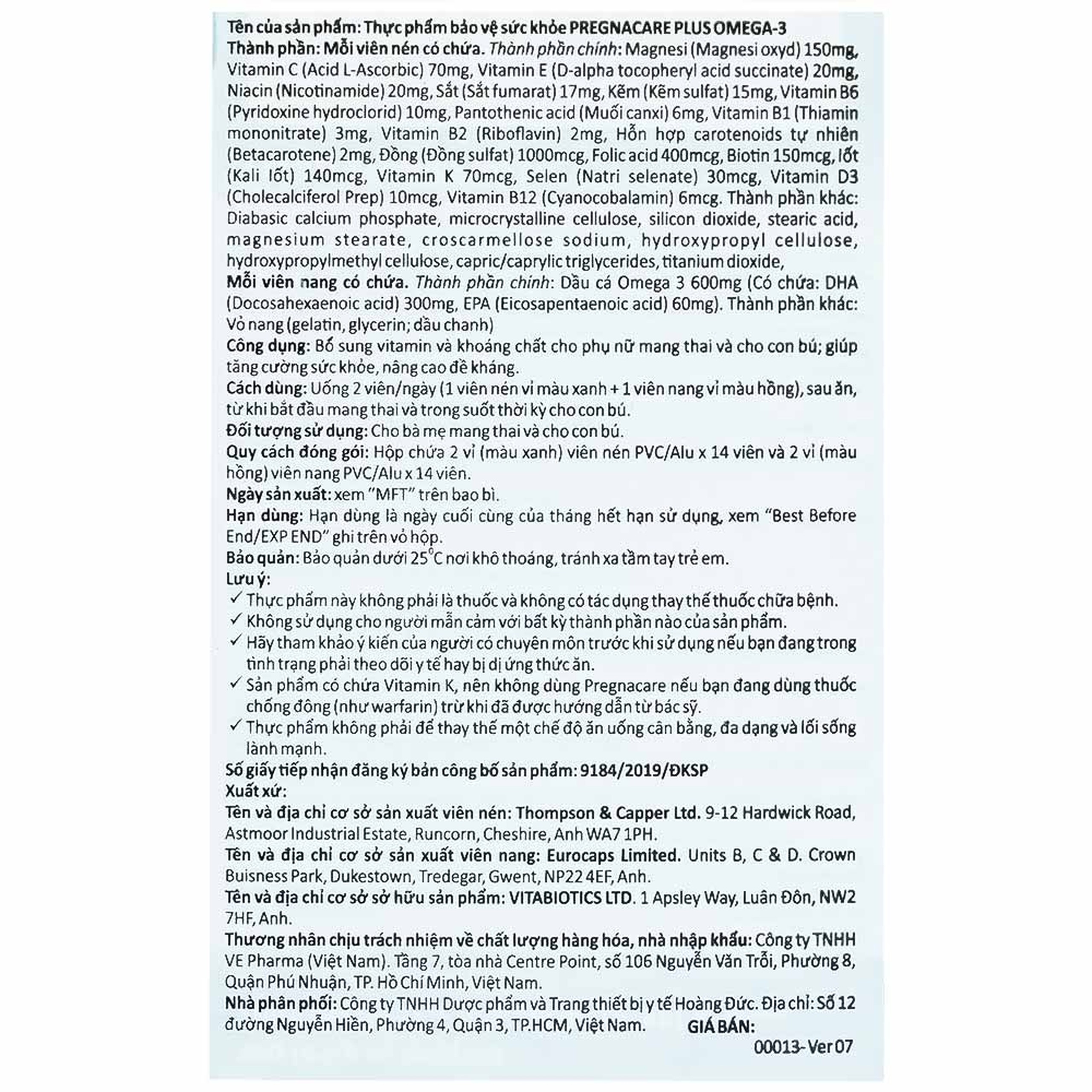 Viên uống Pregnacare Plus Omega-3 Vitabiotics bổ sung Vitamin, Omega-3 và khoáng chất (56 viên)