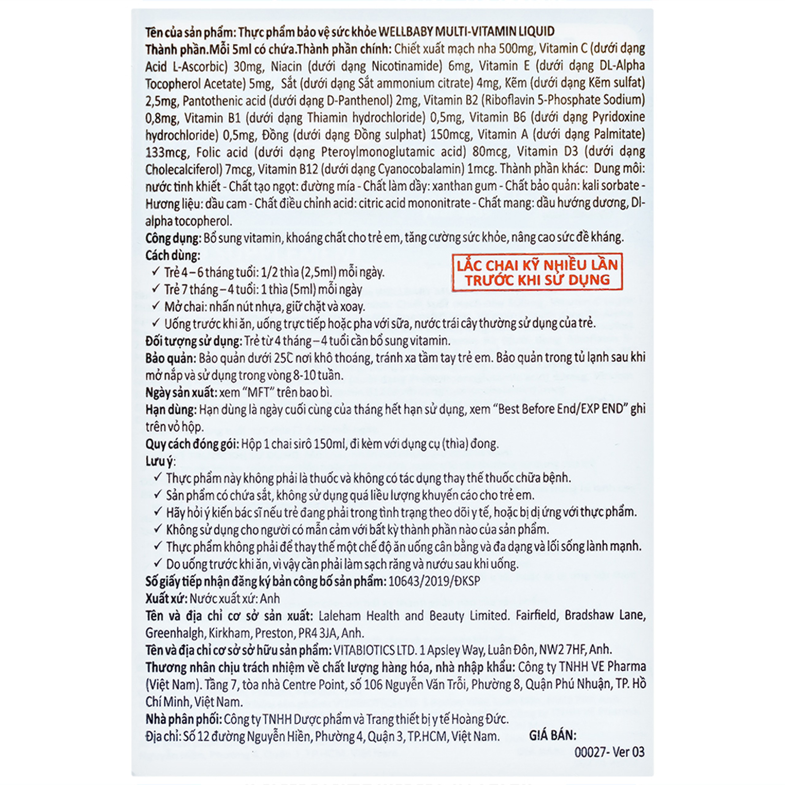 Siro Wellbaby Multi-Vitamin Liquid Vitabiotics bổ sung vitamin và khoáng chất cho trẻ (150ml)