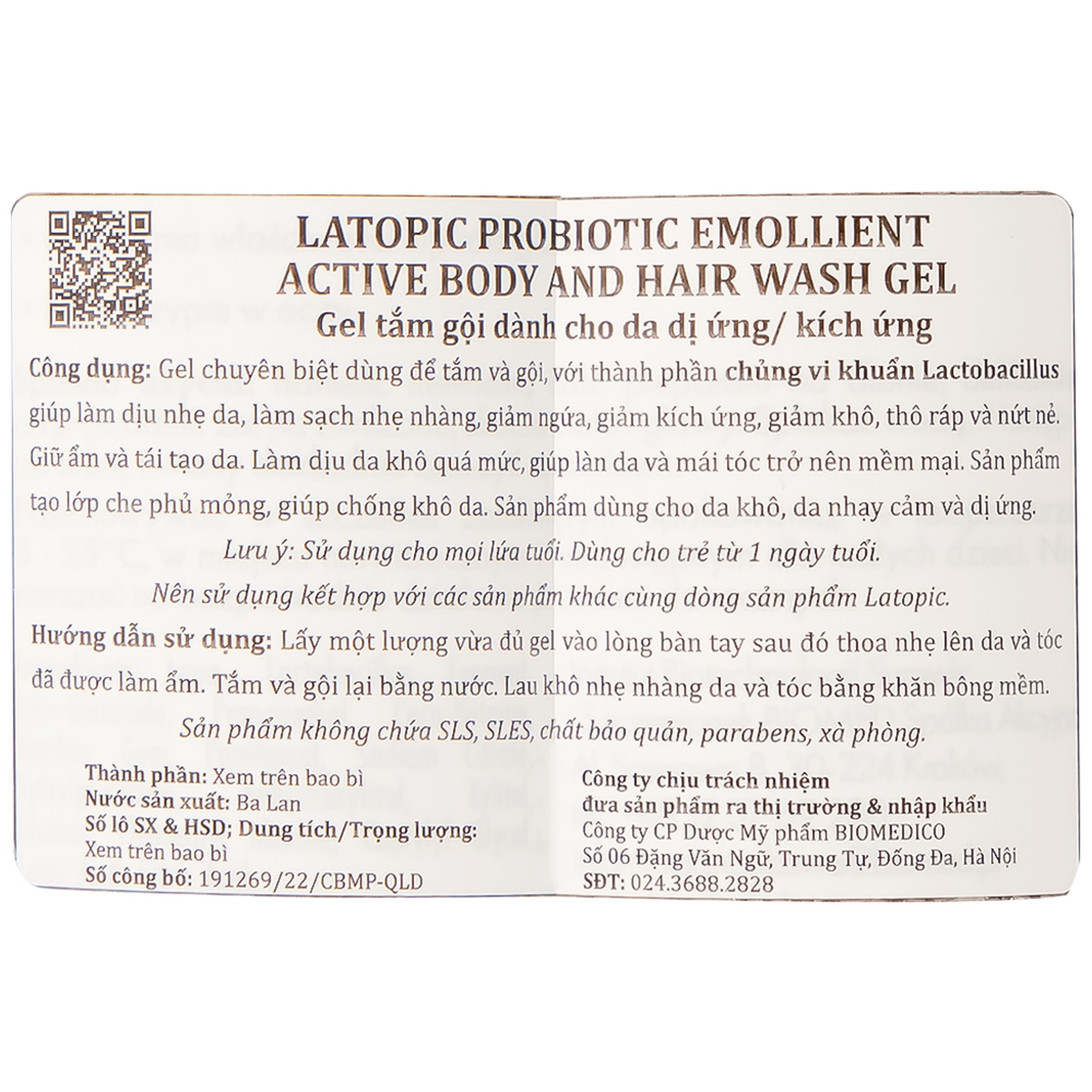 Gel tắm gội cho da kích ứng Latopic Probiotic Emollient Active 400ml