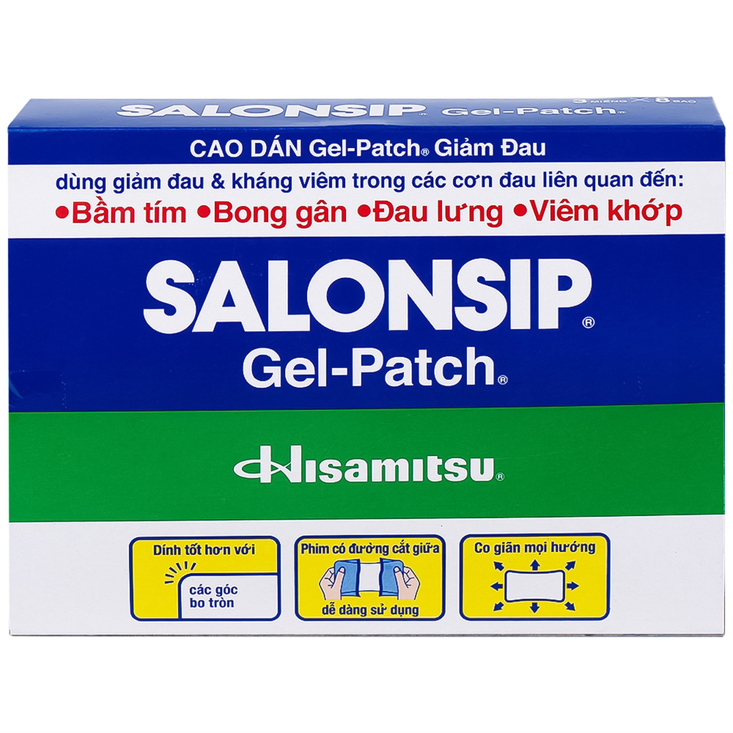 Cao dán Salonsip Gel - Patch Hisamitsu giảm đau, kháng viêm do mỏi cơ, đau cơ (8 gói x 3 miếng)