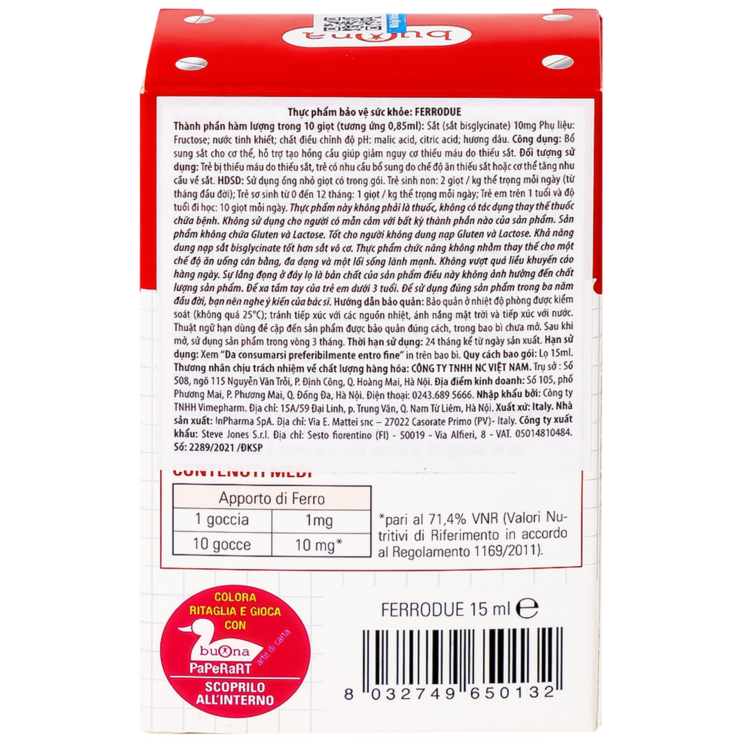 Dung dịch Ferrodue 15ml Buona bổ sung sắt cho cơ thể, giảm nguy cơ thiếu máu 