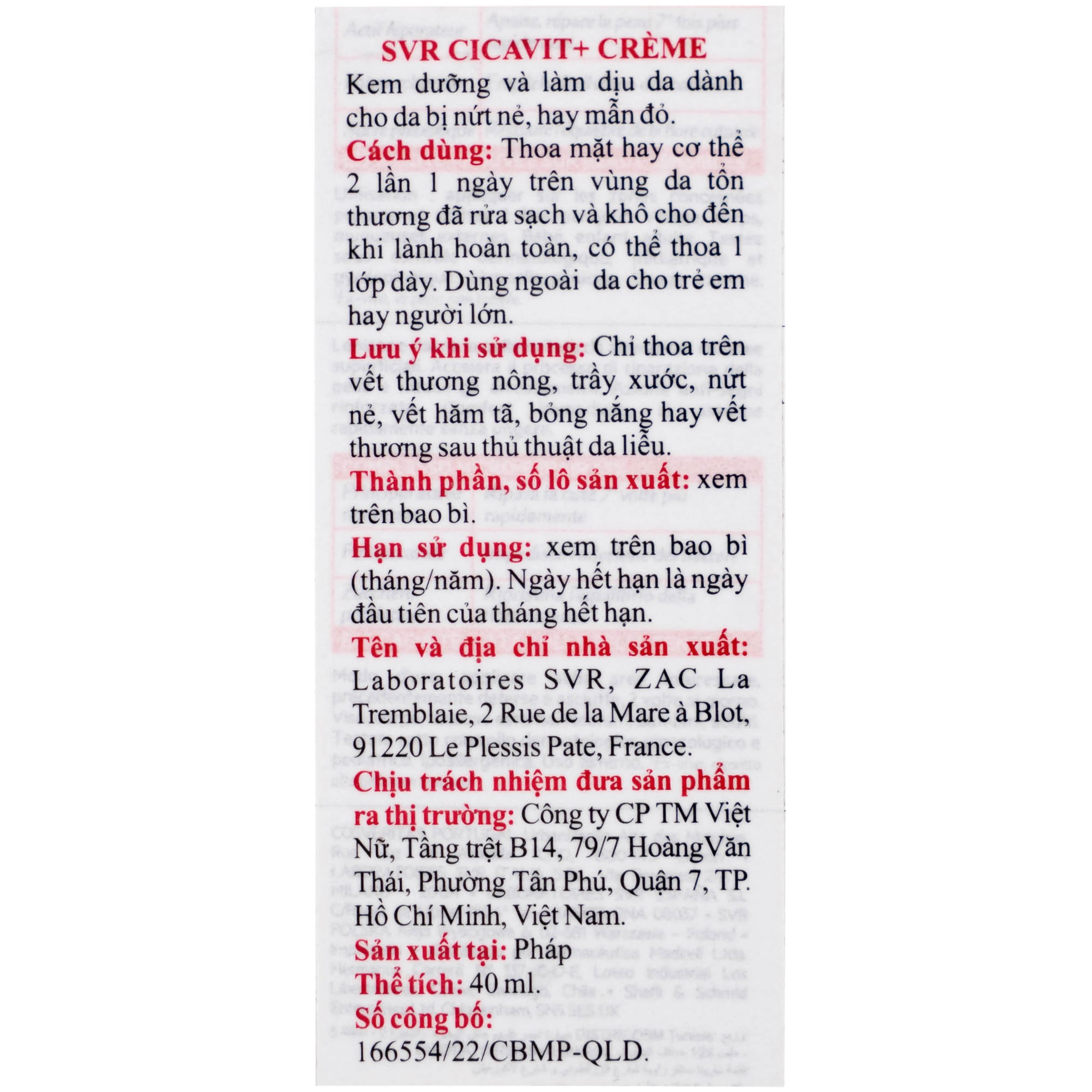 Kem bôi SVR Cicavit+ Creme dưỡng ẩm và làm dịu cho các trường hợp khô da, mẩn đỏ (40ml)