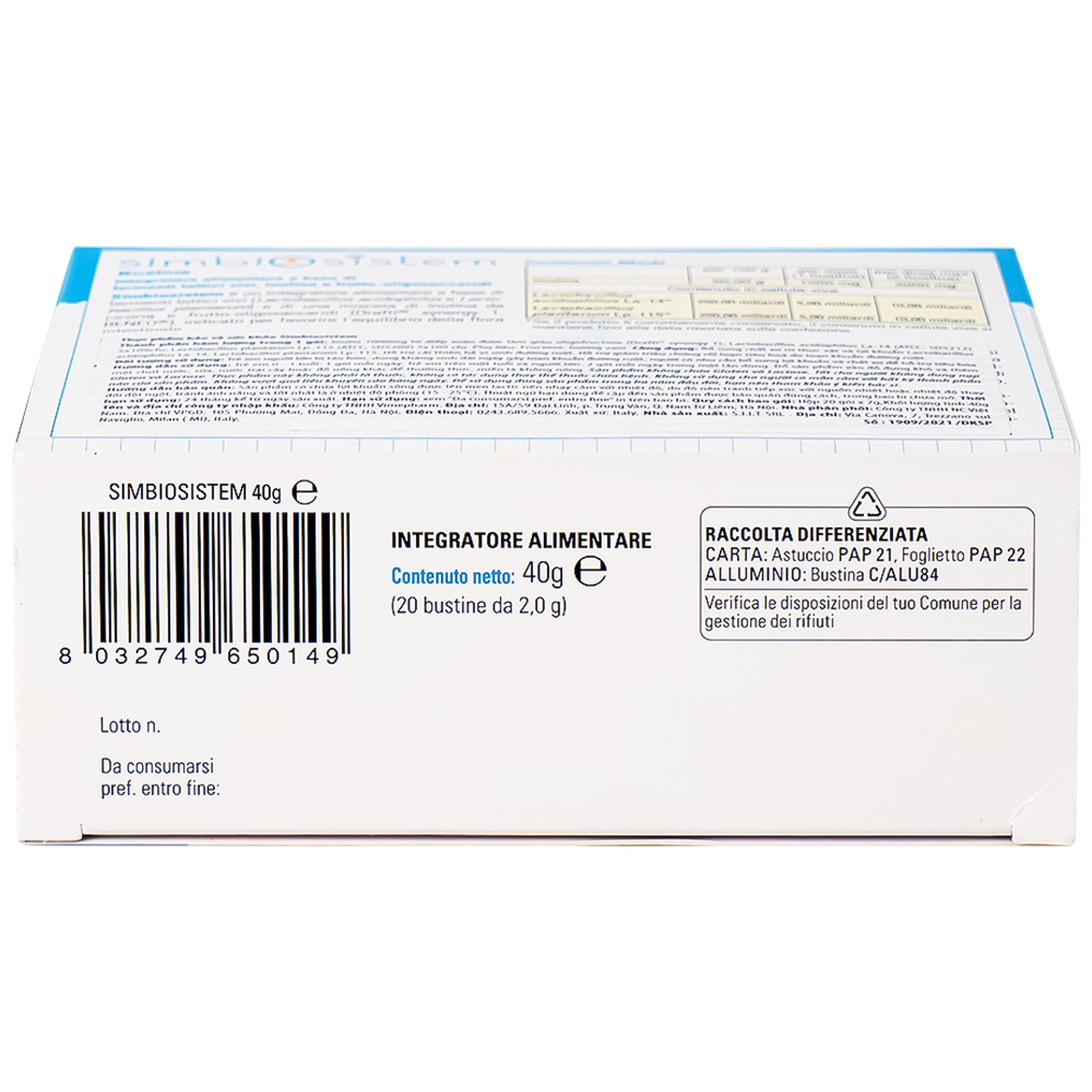 Bổ sung chất xơ và lợi khuẩn Bouna Simbiosistem Bustine (20 gói)