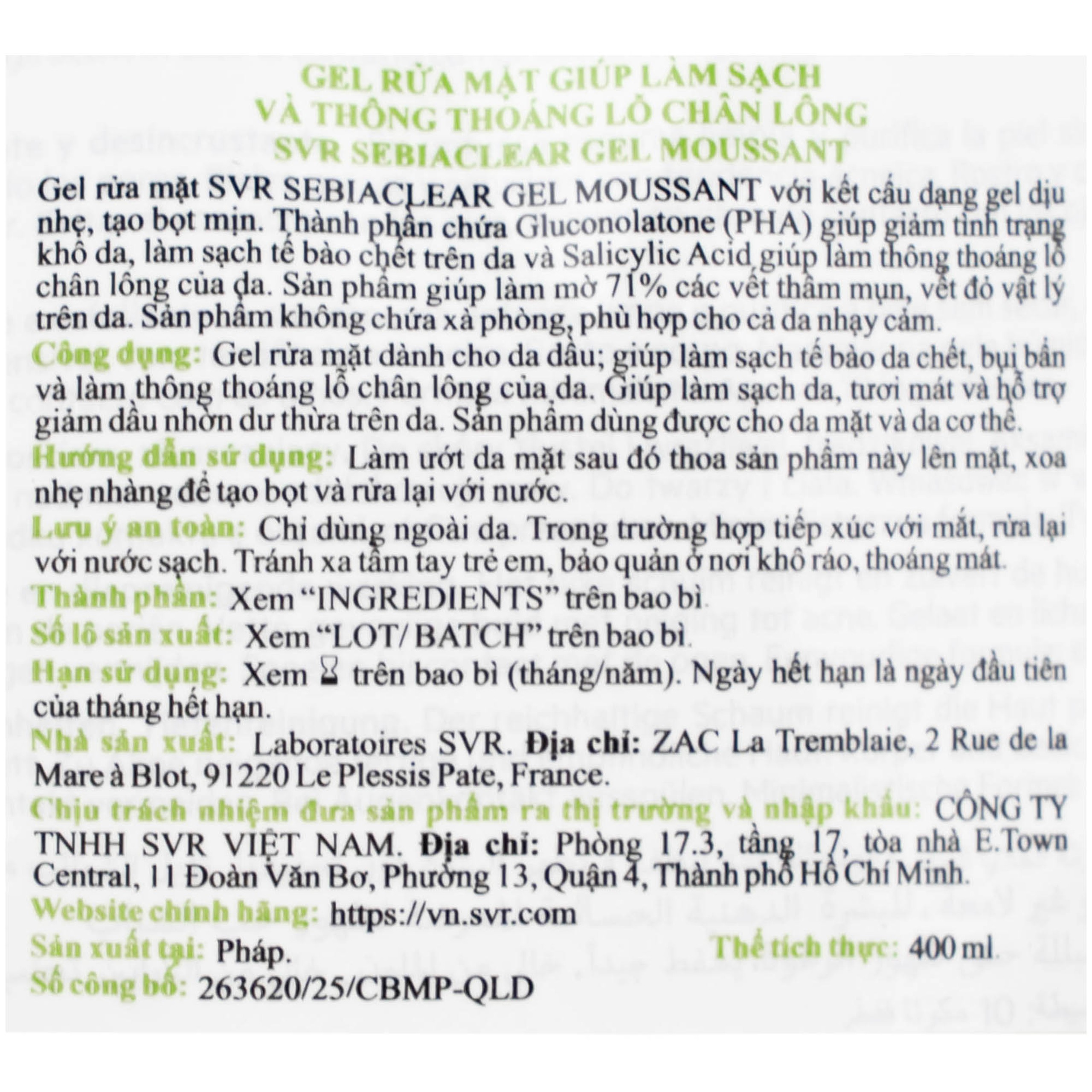 Gel rửa mặt SVR Sebiaclear Moussant làm sạch và giảm dầu cho da dầu (400ml)