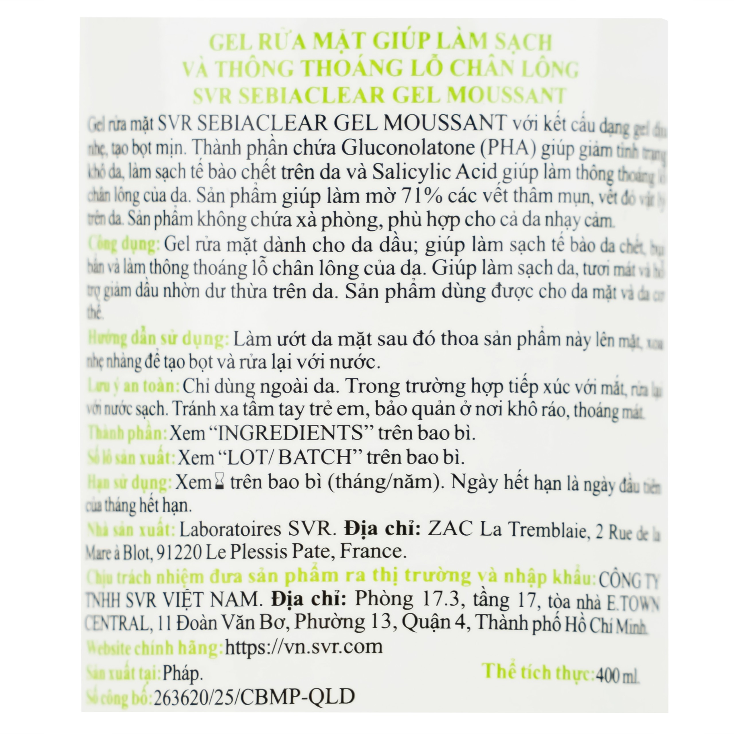 Gel rửa mặt SVR Sebiaclear Moussant làm sạch và giảm dầu cho da dầu (400ml)
