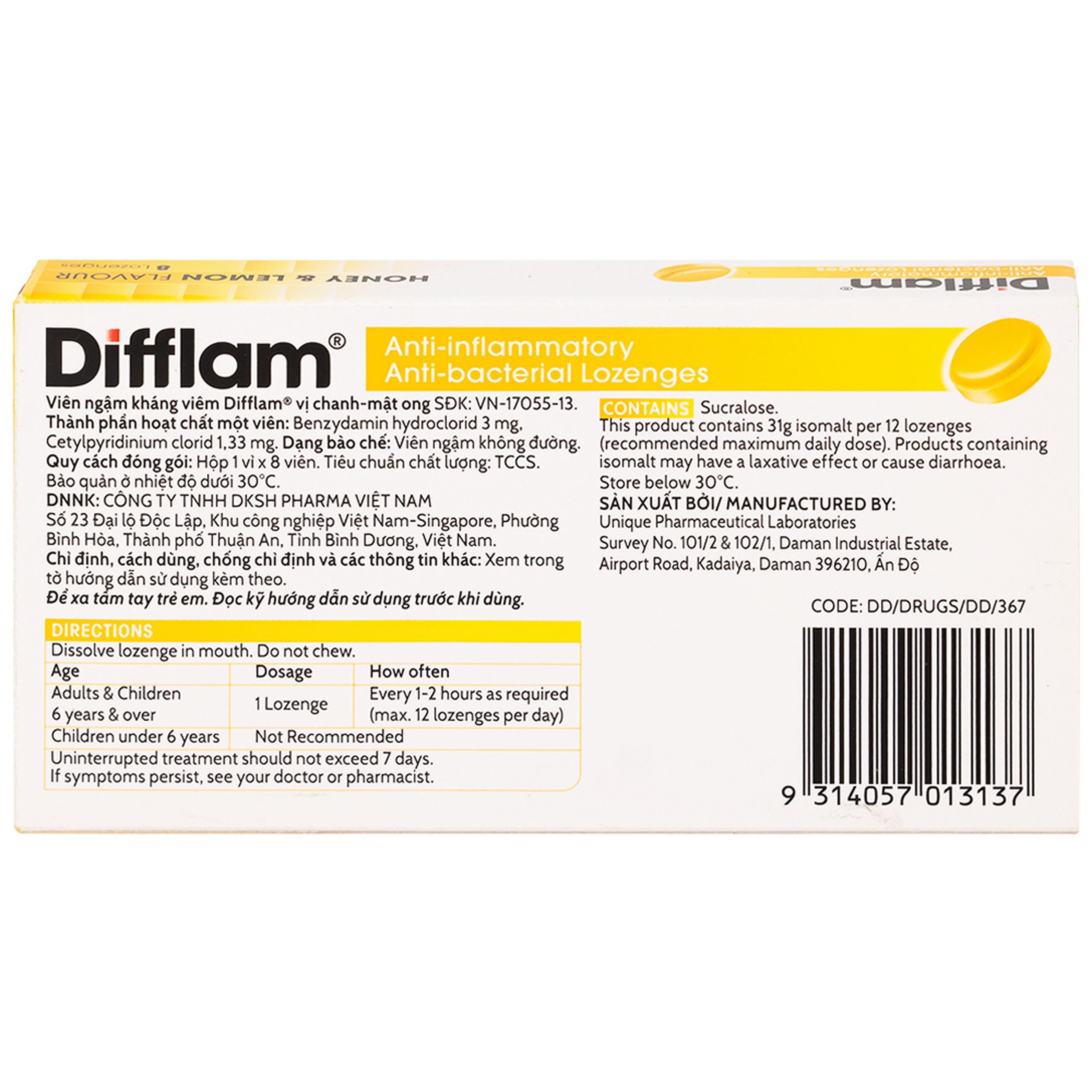 Viên ngậm kháng viêm Difflam vị chanh Unique Pharma hỗ trợ điều trị viêm amidan, đau họng (1 vỉ x 8 viên)
