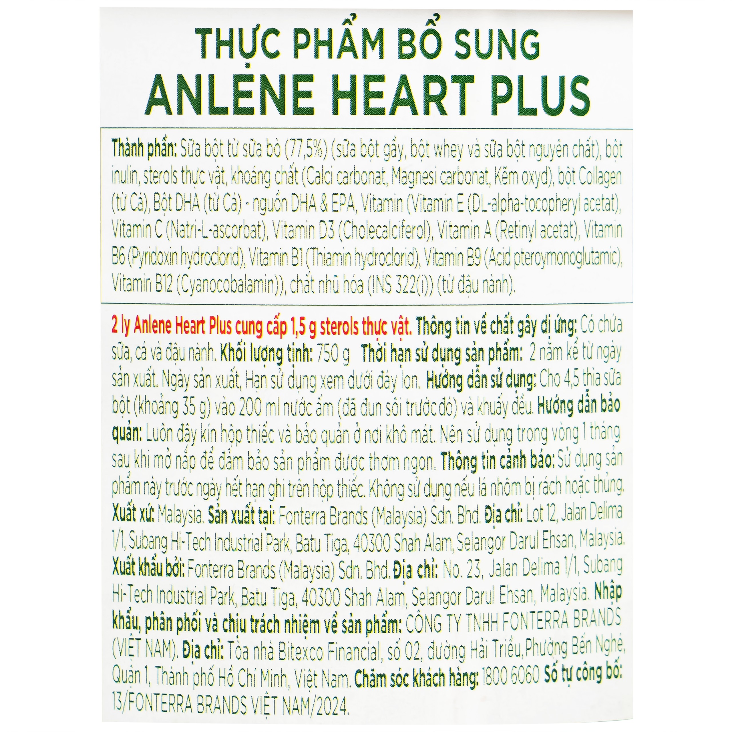 Sữa bổ sung hệ dưỡng chất dành cho sức khỏe tim mạch Anlene Heart Plus (750g)