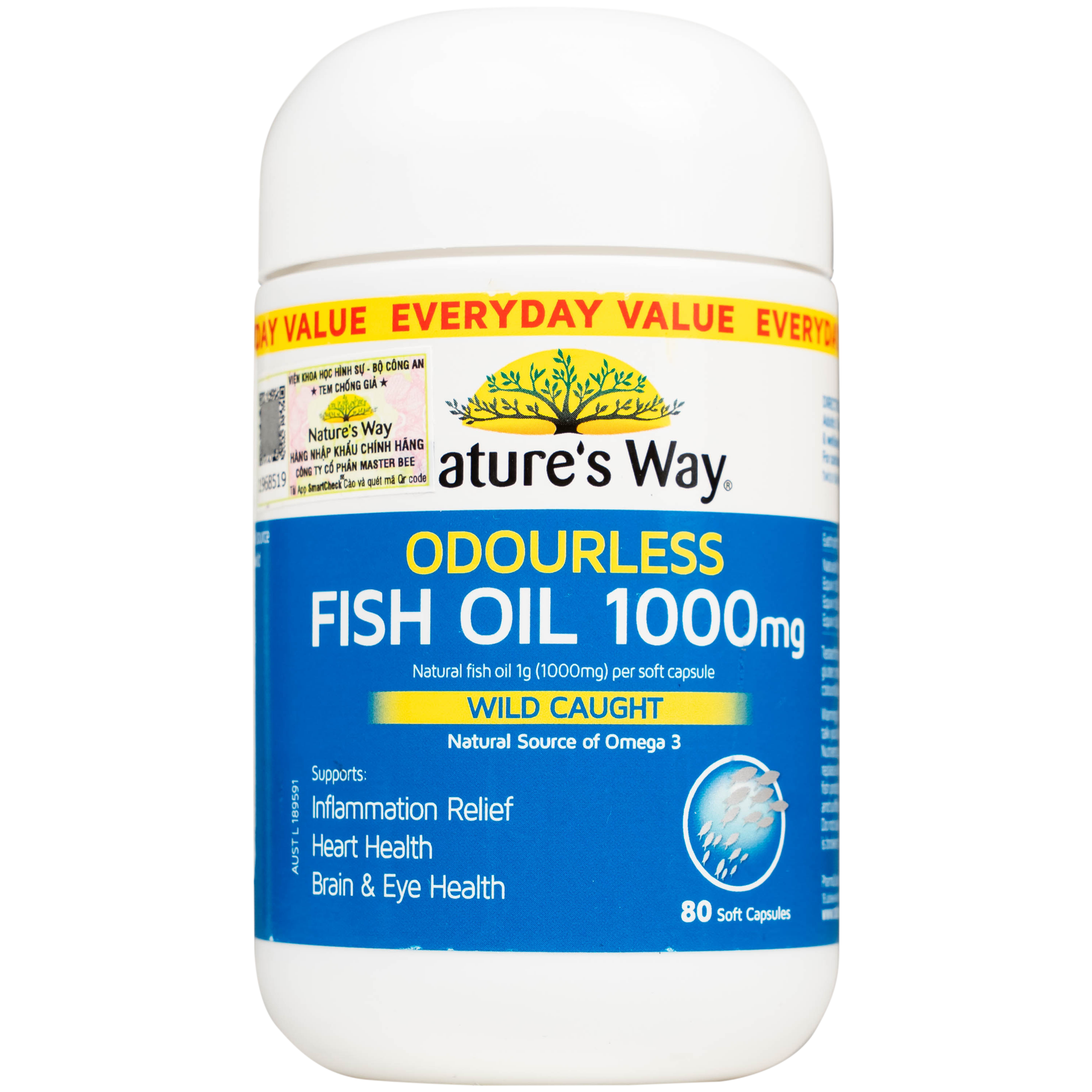Nature'S Way Odourless Fish Oil 1000mg giúp bổ sung EPA, DHA hỗ trợ tốt cho mắt và não (80 viên)