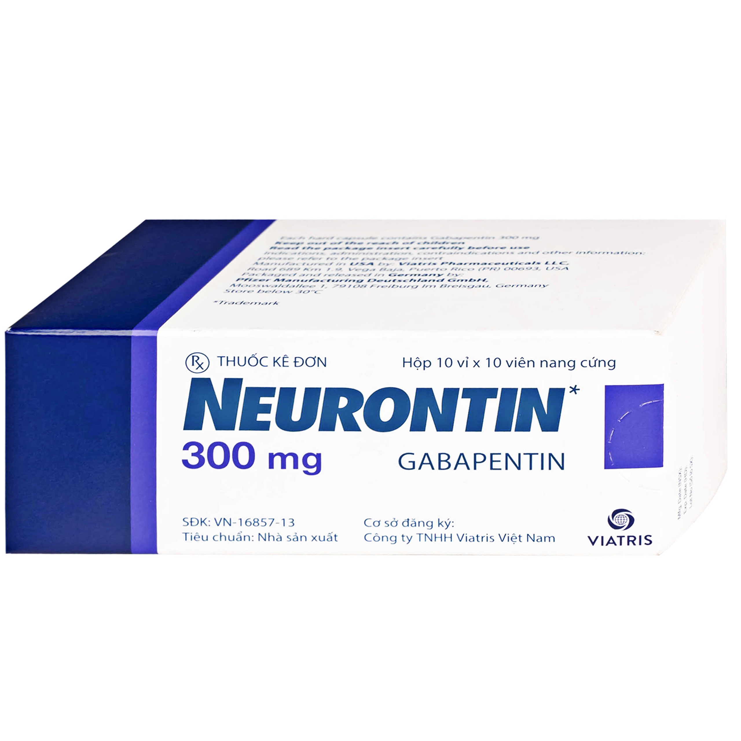 Viên nang cứng Neurontin 300mg VIATRIS điều trị hỗ trợ trong động kinh cục bộ (10 vỉ x 10 viên)