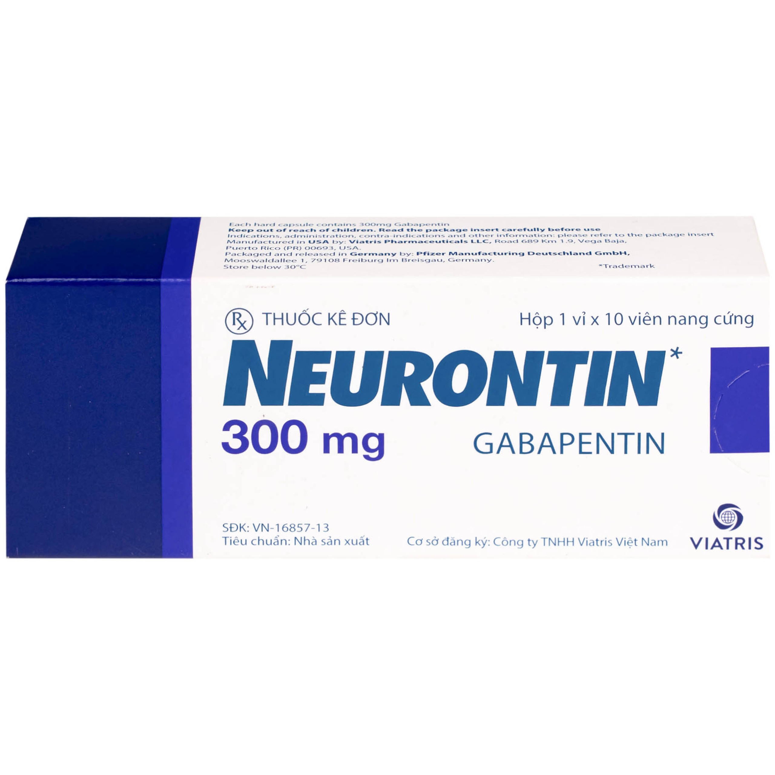 Thuốc Neurontin 300mg VIATRIS điều trị bệnh động kinh và đau dây thần kinh (1 vỉ x 10 viên)