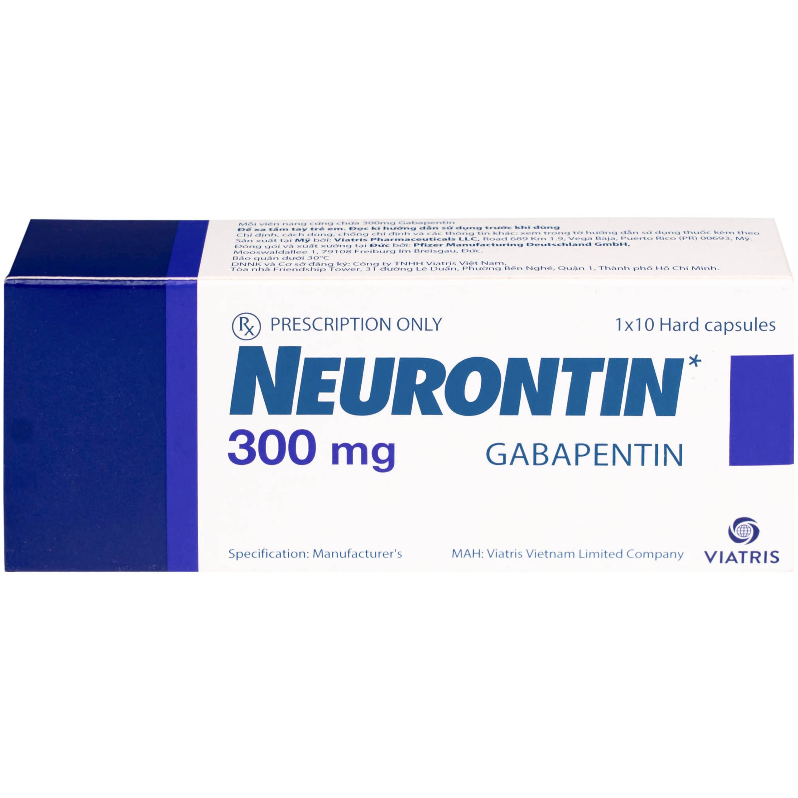 Thuốc Neurontin 300mg VIATRIS điều trị bệnh động kinh và đau dây thần kinh (1 vỉ x 10 viên)