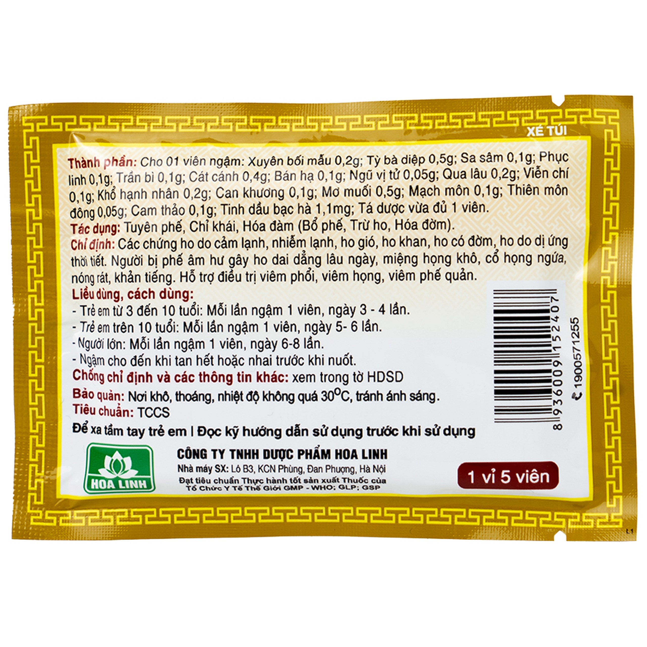 Viên ngậm ho bổ phế Bảo Thanh không đường dùng giảm các chứng ho do cảm lạnh, nhiễm lạnh (20 vỉ x 5 viên)