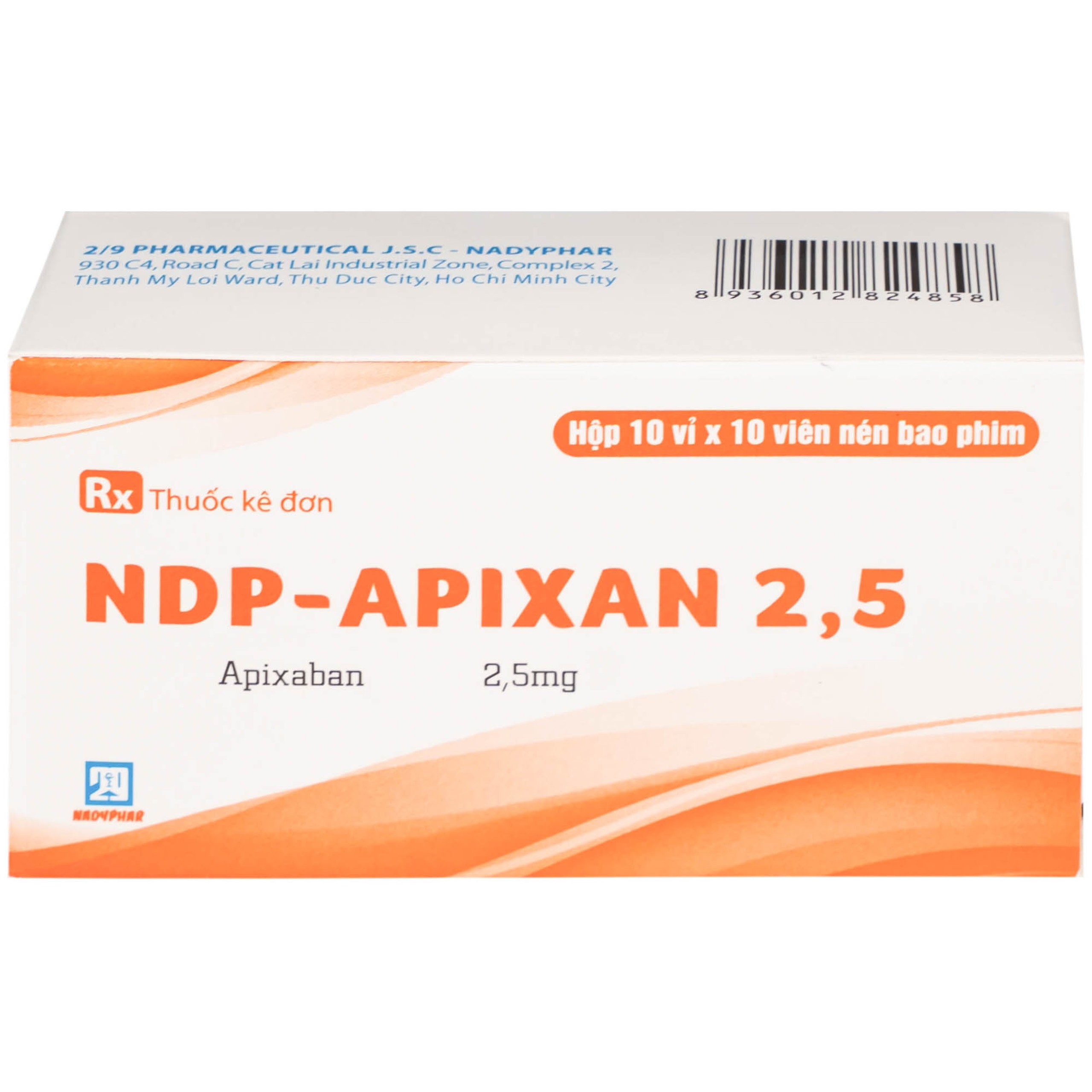 NDP-Apixan 2,5mg Nadyphar phòng ngừa biến cố thuyên tắc huyết khối tĩnh mạch (10 vỉ x 10 viên)
