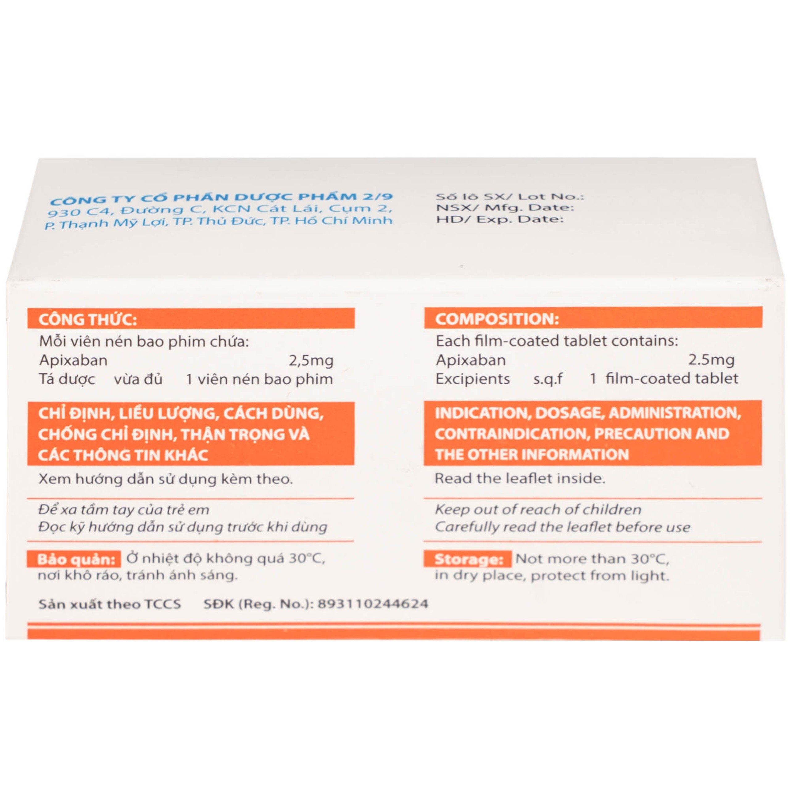 NDP-Apixan 2,5mg Nadyphar phòng ngừa biến cố thuyên tắc huyết khối tĩnh mạch (10 vỉ x 10 viên)