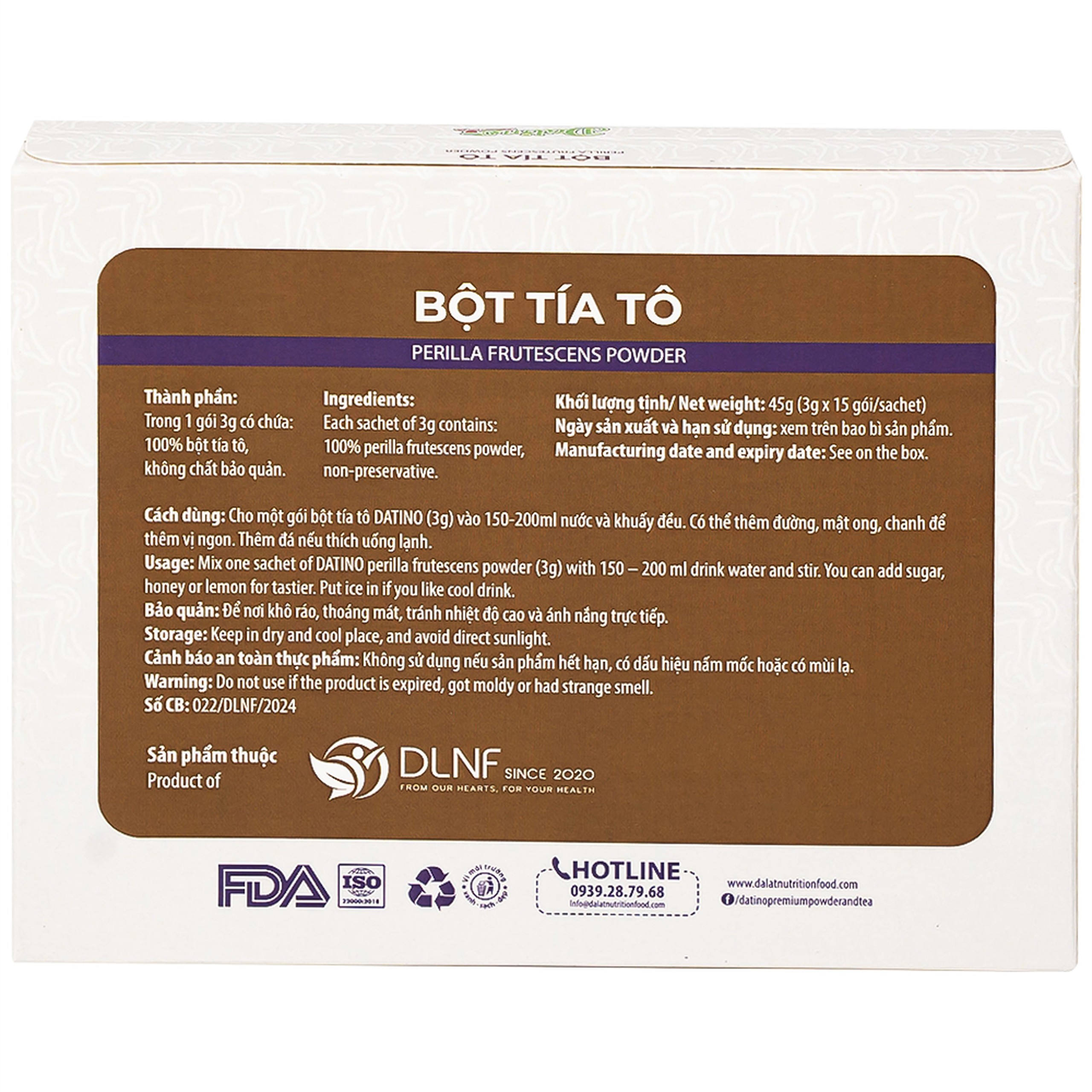 Bột Tía Tô Nguyên Chất Datino (15 gói x 3g)