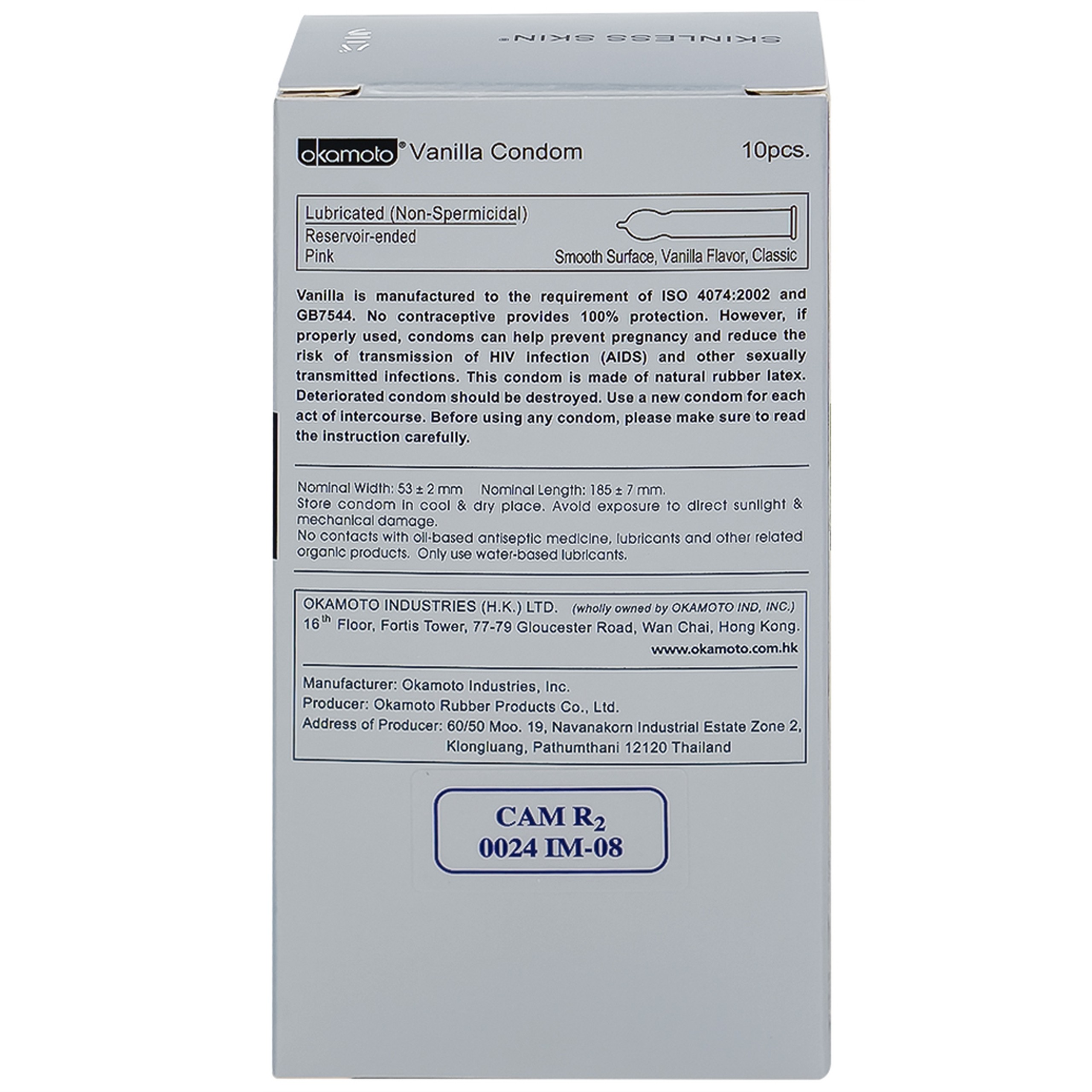 Bao cao su Okamoto Skinless skin Vanilla mềm mại, dẻo dai (10 cái)