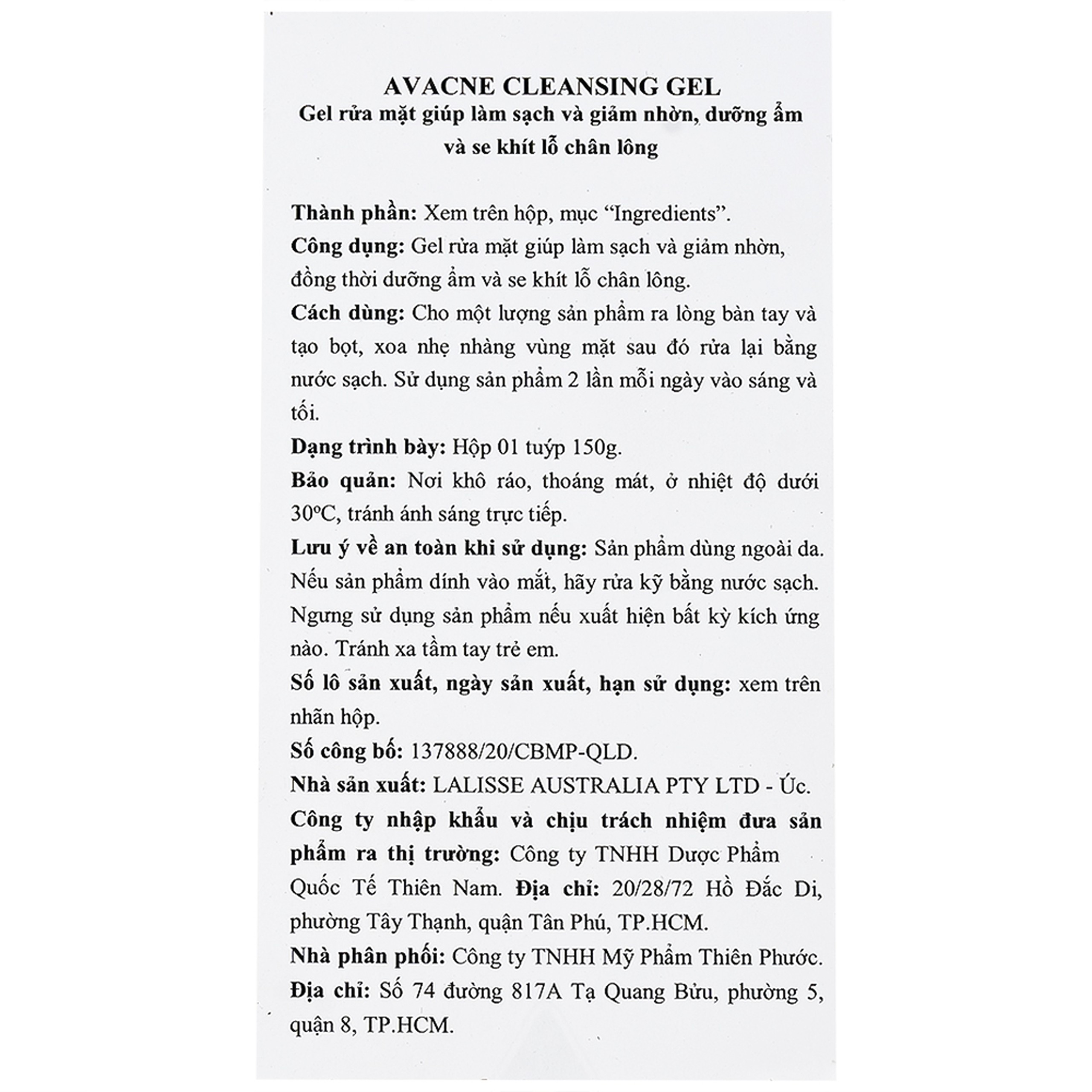 Gel rửa mặt Avacne Cleansing Gel AUVI làm sạch nhẹ nhàng, kiểm soát dầu thừa, ngăn ngừa mụn (150g)