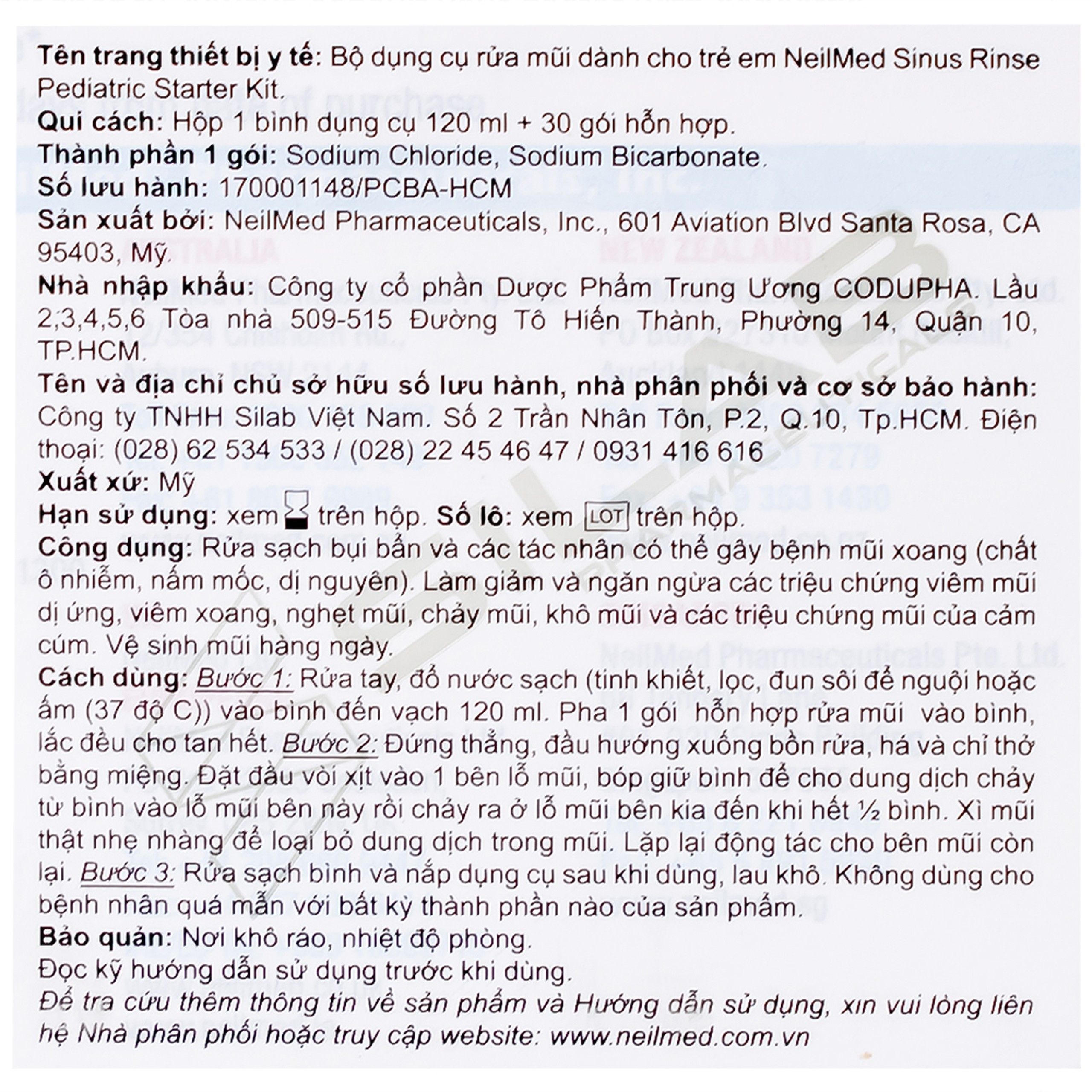 Bộ rửa mũi trẻ em Neilmed Pediatric Starter kit (1 bình + 30 gói) dùng cho trẻ từ 4 đến 10 tuổi