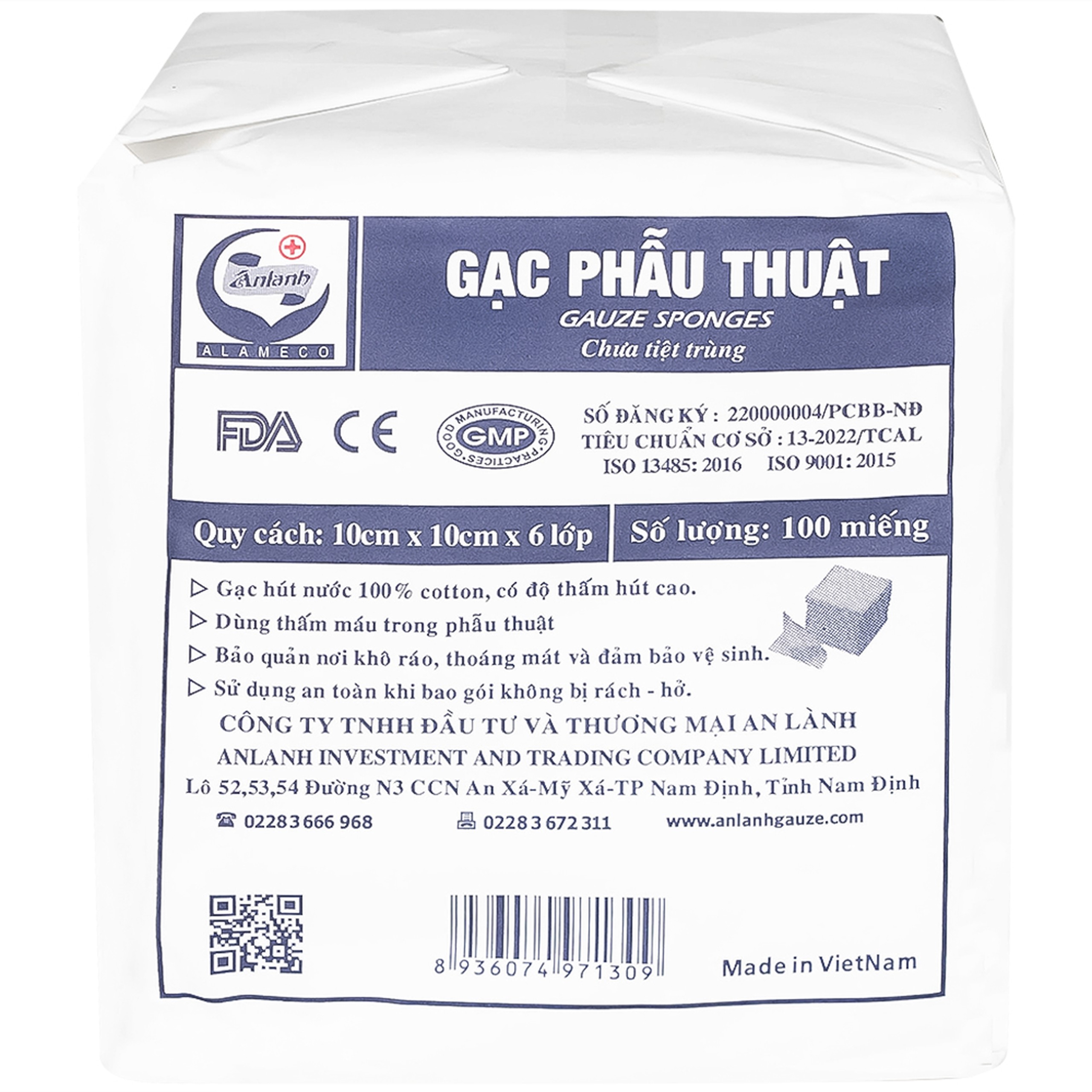 Gạc phẫu thuật An Lành 10x10cm x 6 lớp (10 miếng) dùng thấm máu trong phẫu thuật