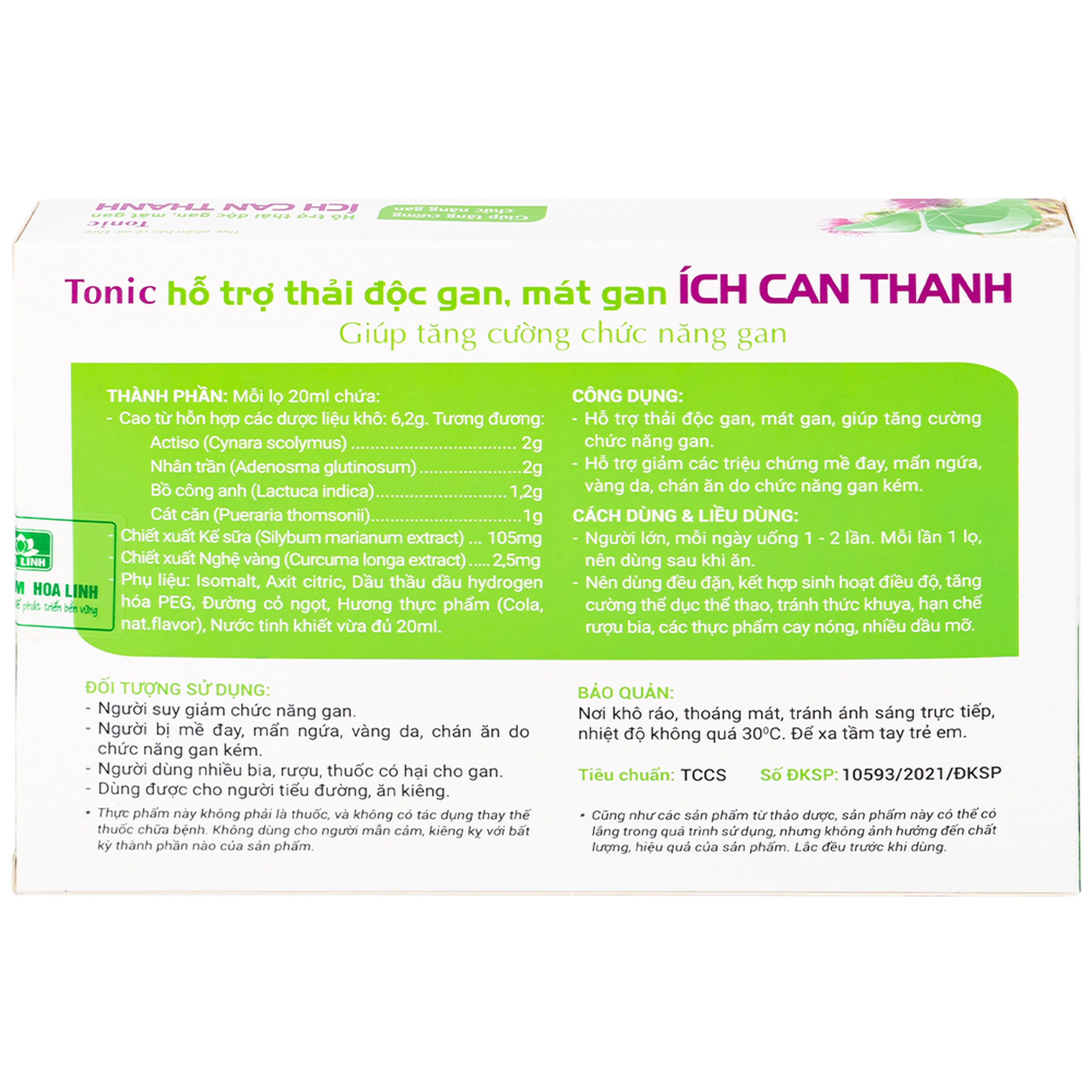 Thực phẩm bảo vệ sức khỏe Ích Can Thanh Hoa Linh hỗ trợ thải độc gan, tăng cường chức năng gan (6 lọ x 10ml)