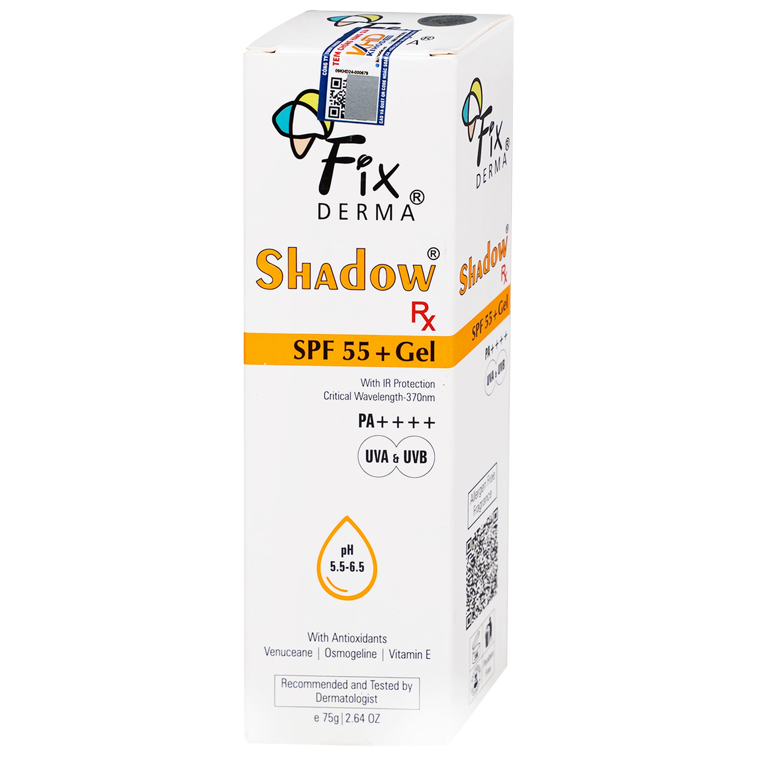 Gel chống nắng Fixderma Shadow SPF 55+ bảo vệ da khỏi tia UV, dưỡng ẩm (75g)