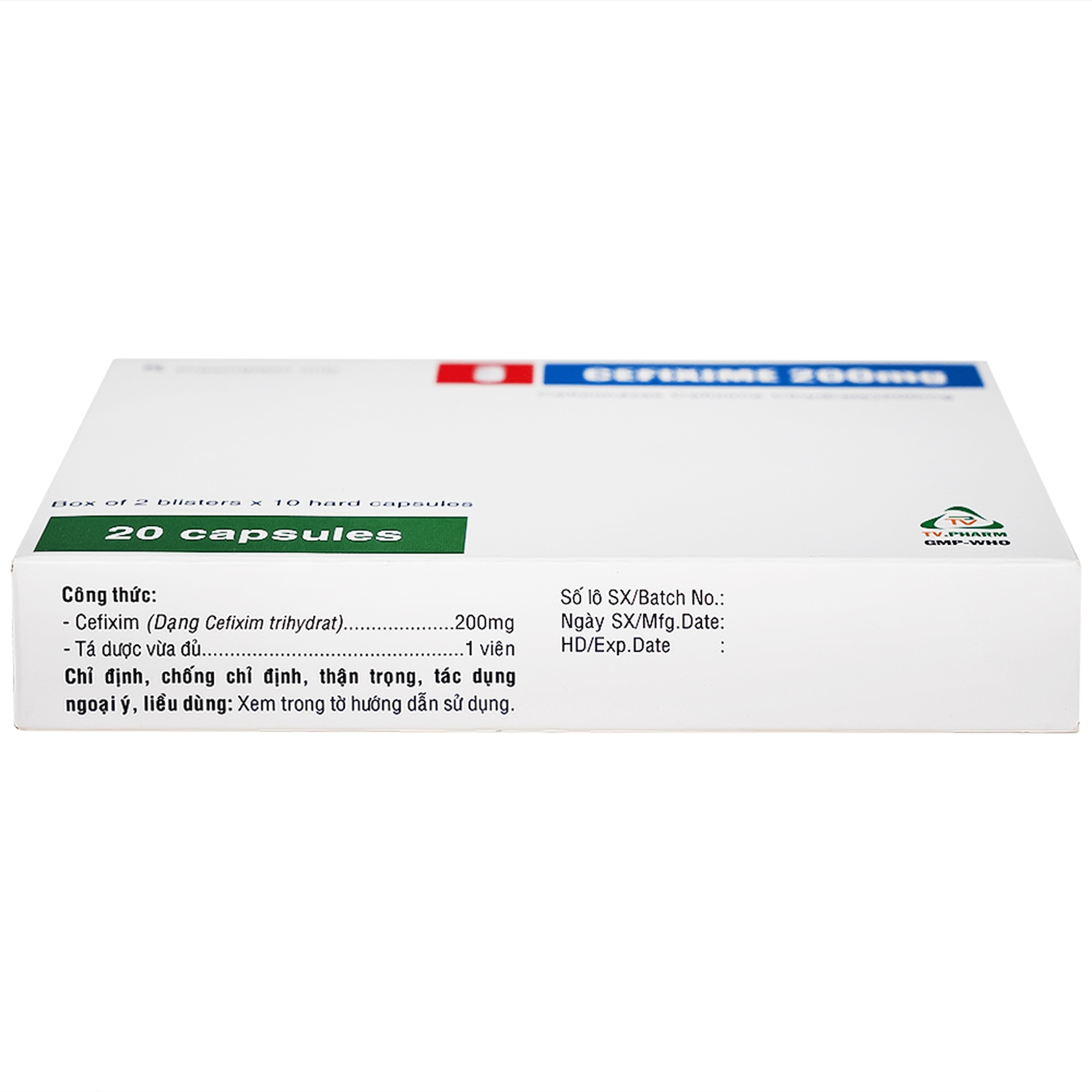 Thuốc Cefixime 200mg Tv.Pharma điều trị các bệnh nhiễm khuẩn đường niệu, viêm thận (2 vỉ x 10 viên)