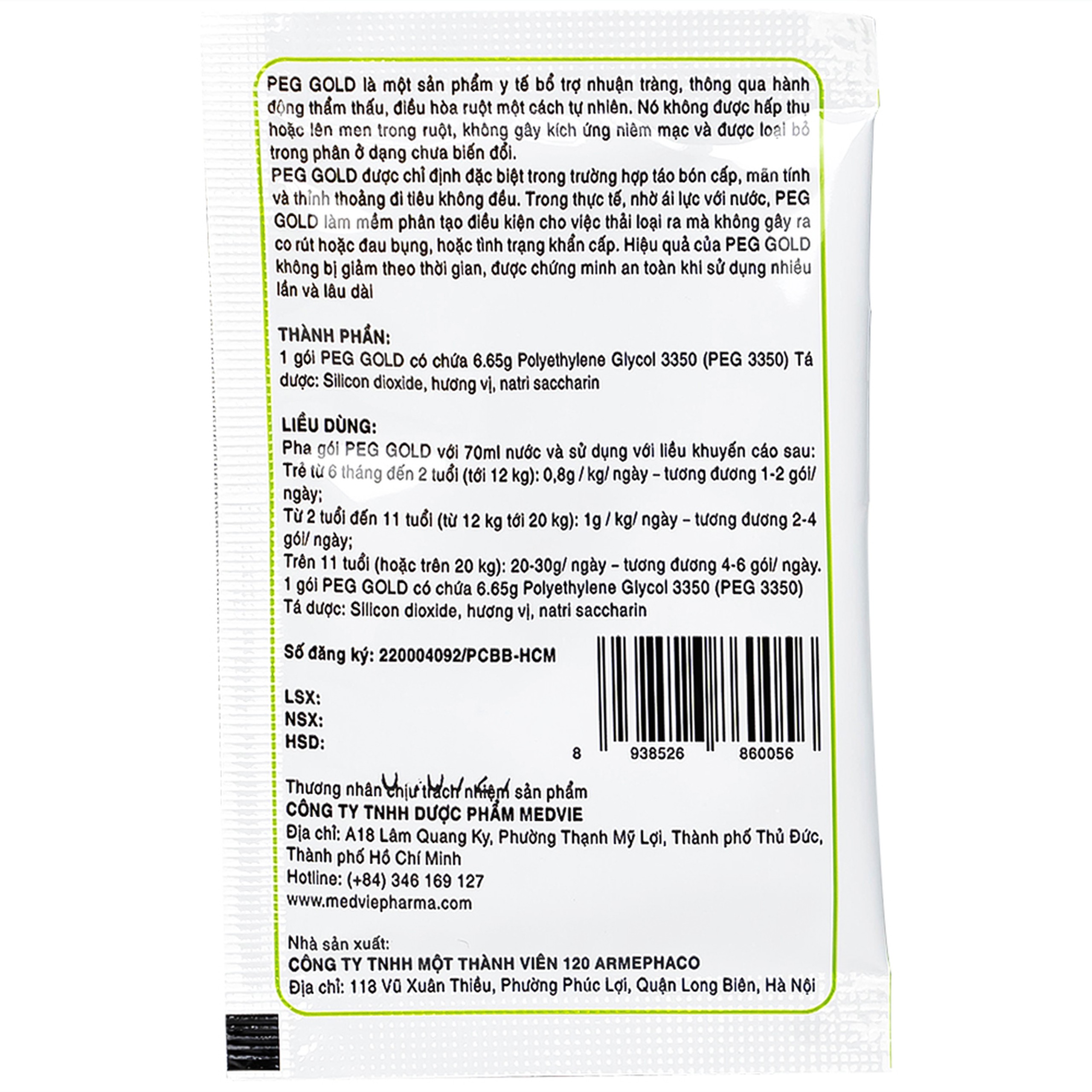 Bột nhuận tràng Peg Gold Medvie (30 gói x 6.65g) cải thiện tình trạng táo bón cho trẻ từ 6 tháng tuổi