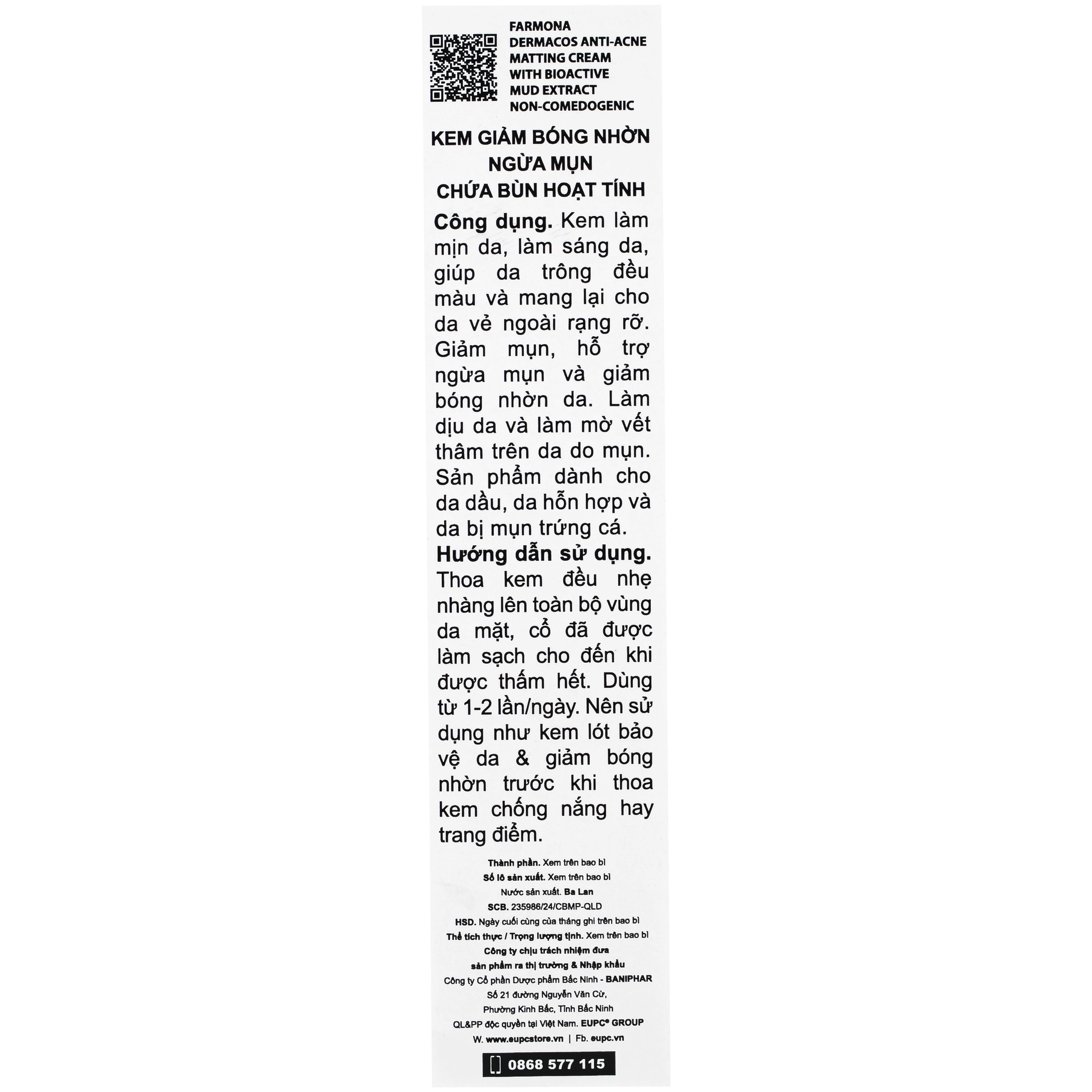 Kem bôi ngừa mụn Dermacos Anti Acne Matting Cream 50ml