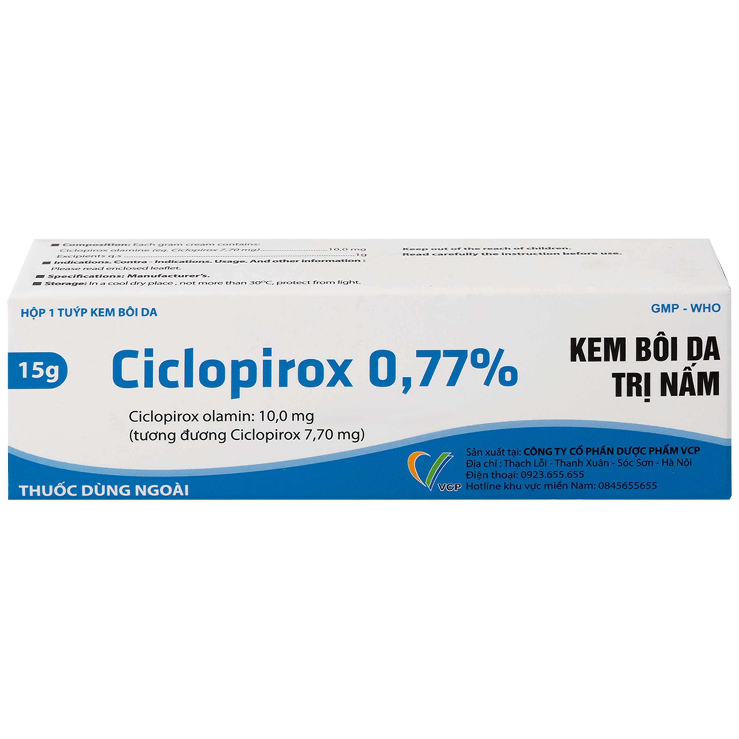 Kem bôi da Ciclopirox 0,77% VCP điều trị nấm da chân, nấm da đùi và nấm da toàn thân (15g)