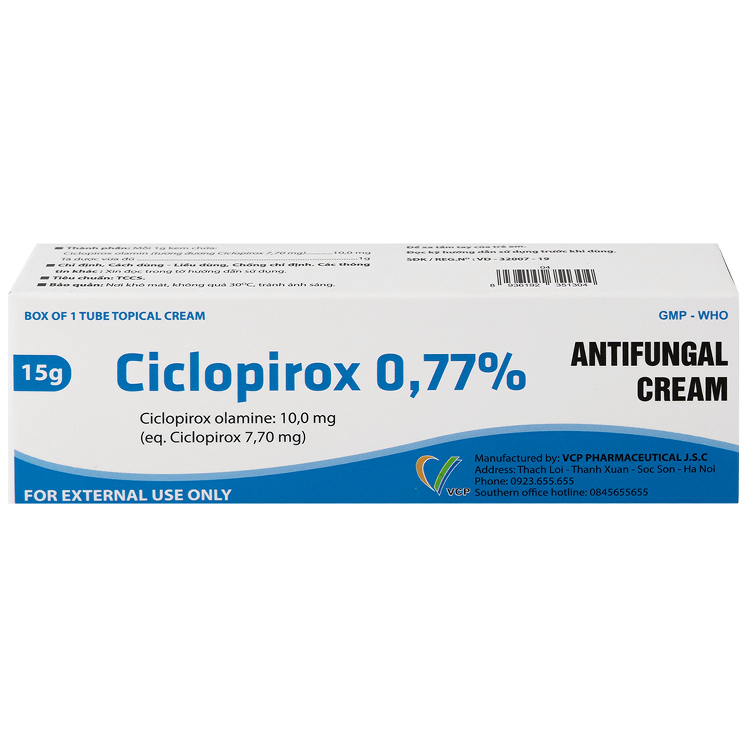 Kem bôi da Ciclopirox 0,77% VCP điều trị nấm da chân, nấm da đùi và nấm da toàn thân (15g)