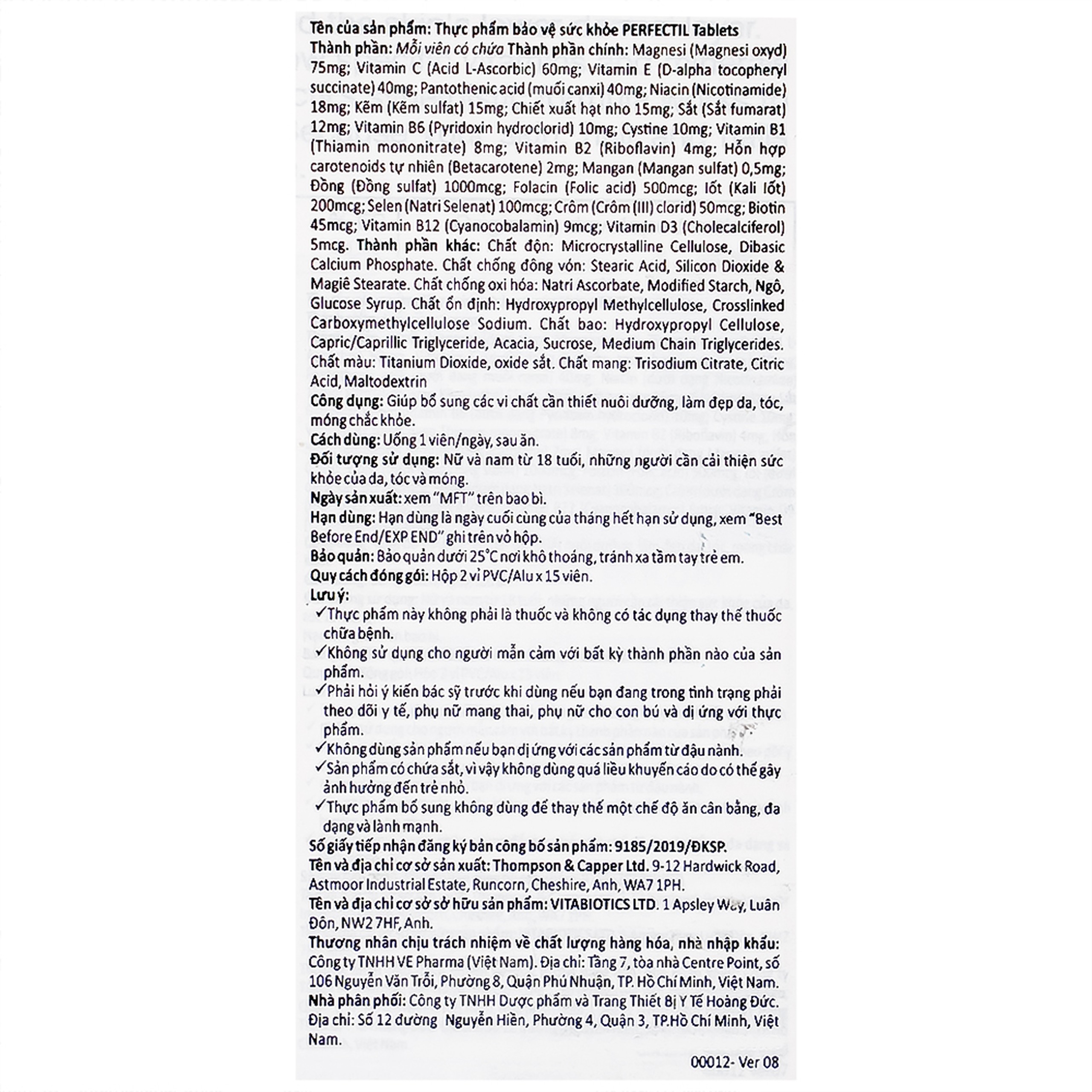 Thực phẩm bảo vệ sức khỏe Perfectil Vitabiotics bổ sung vi chất làm đẹp da, móng, tóc (2 vỉ x 15 viên)