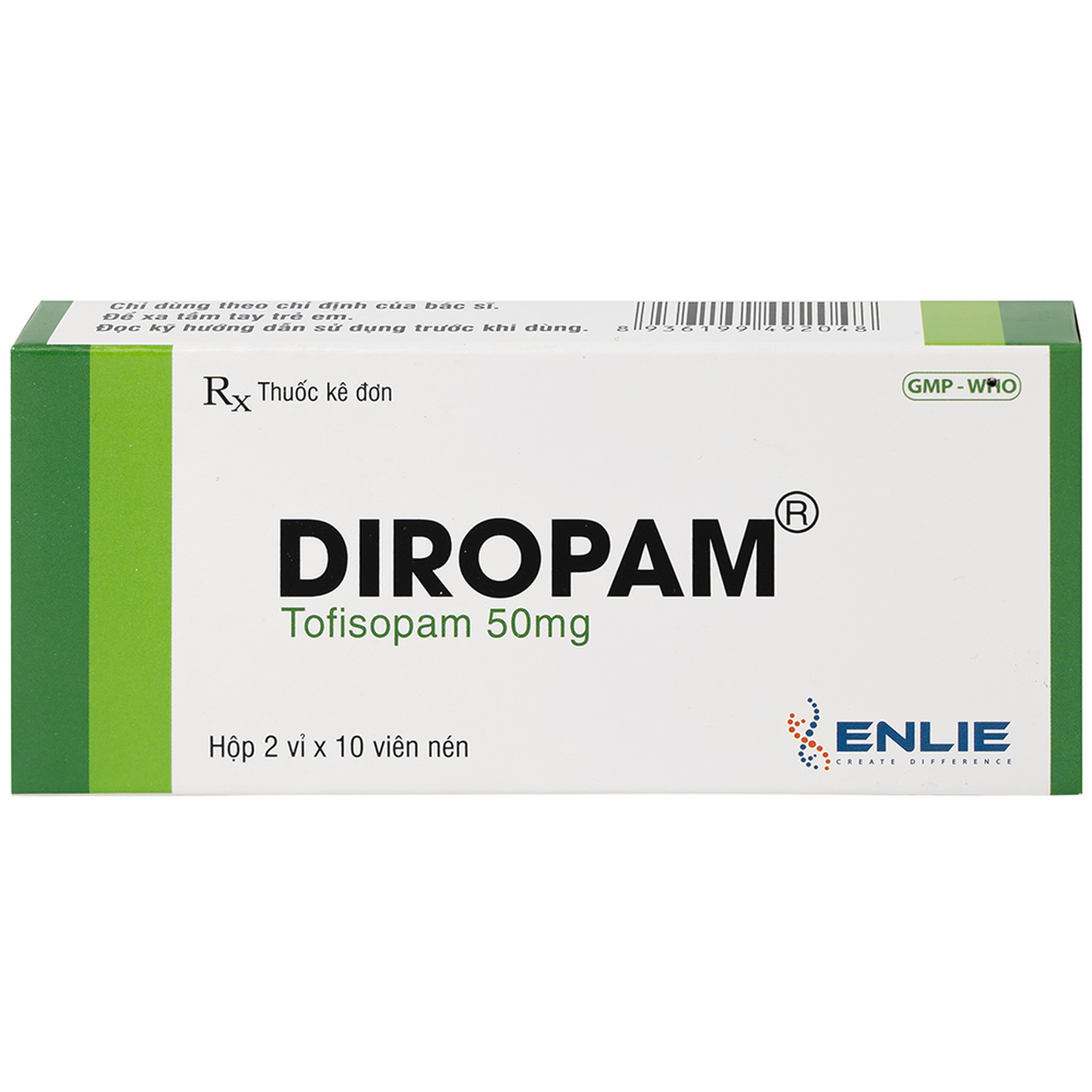 Thuốc Diropam 50mg Enlie điều trị triệu chứng đau thắt ngực giả, tiền mê sảng (2 vỉ x 10 viên)