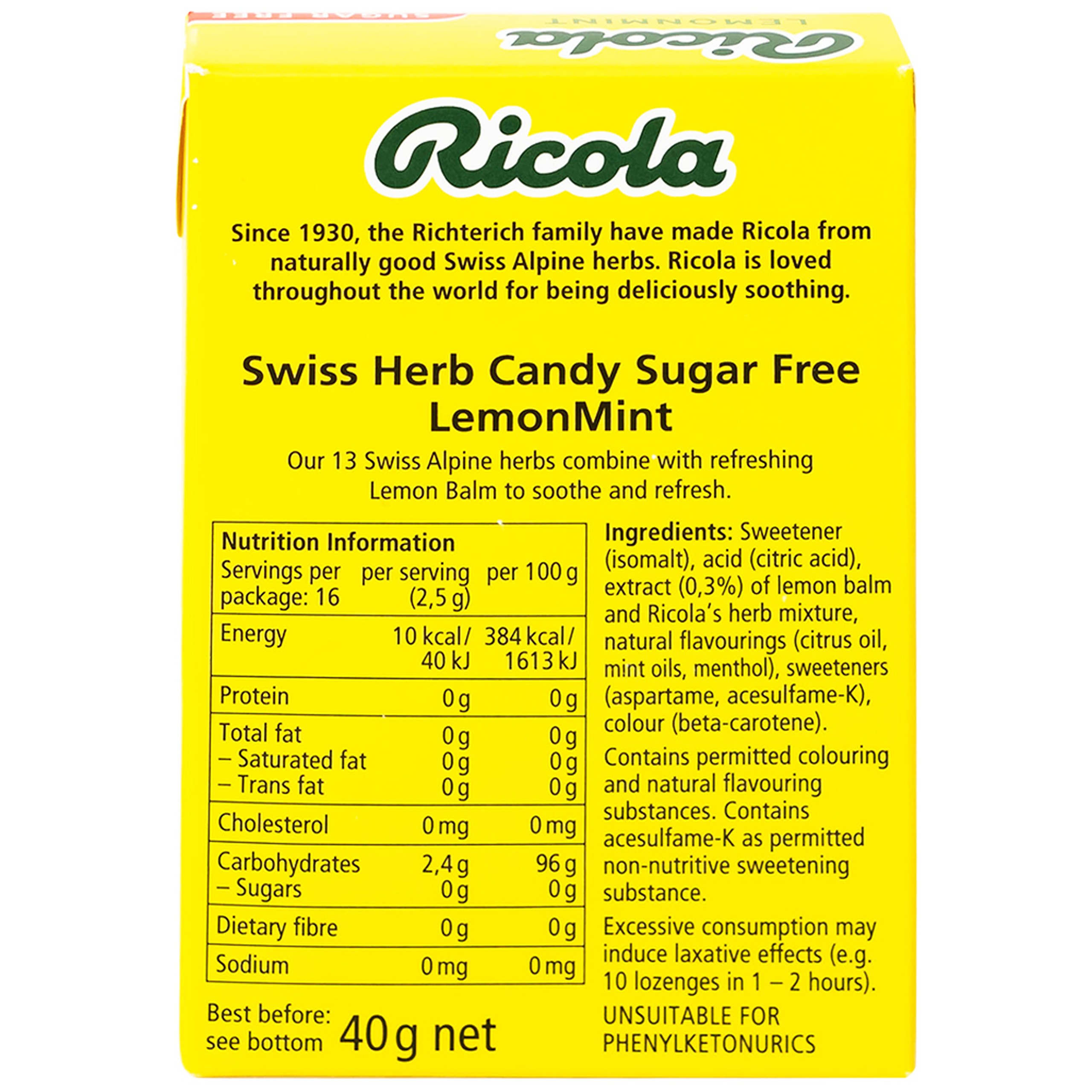 Kẹo Ngậm Ho Không Đường Chanh Bạc Hà Ricola Lemon Mint (40g)