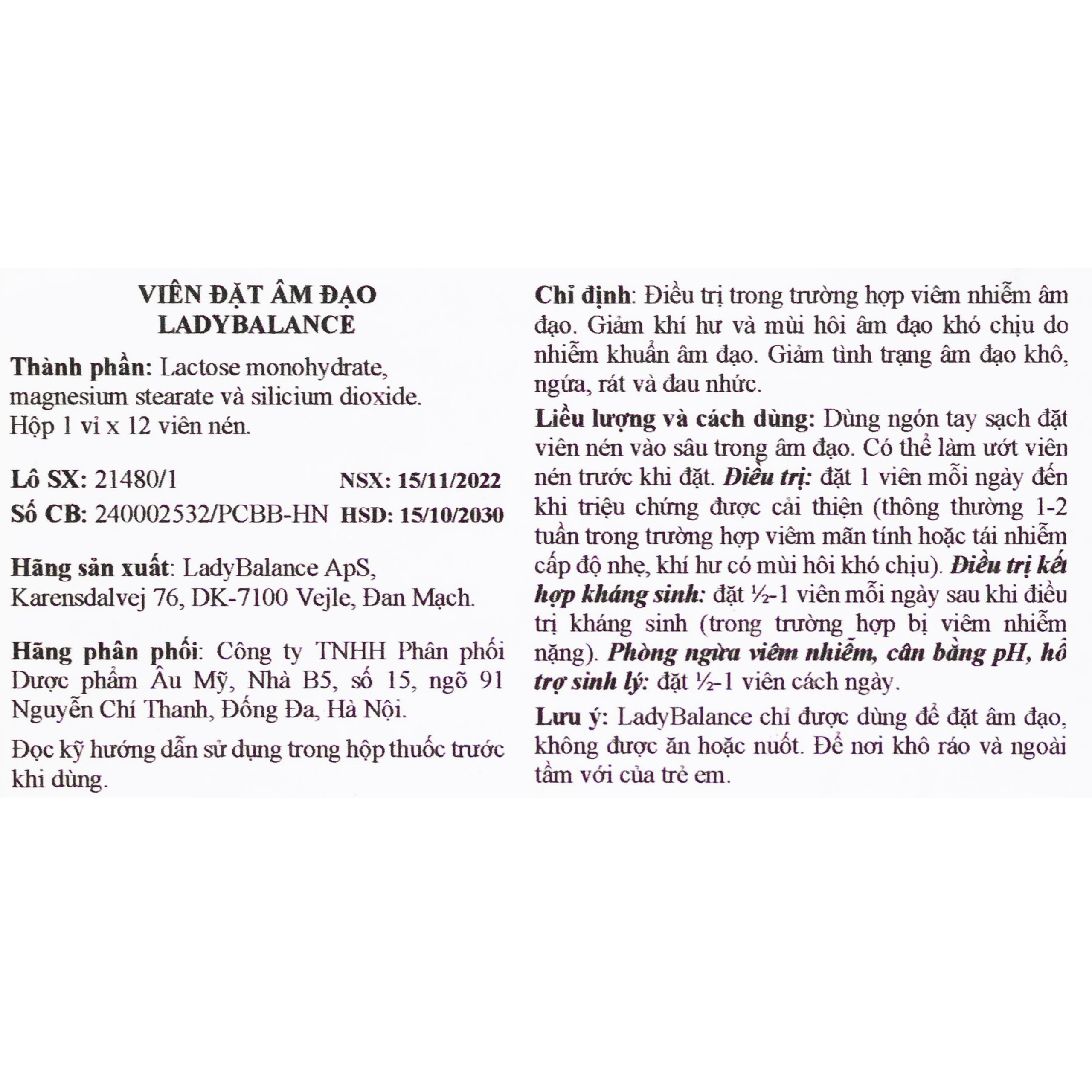 Viên đặt phụ khoa Ladybalance (1 vỉ x 12 viên) giảm khí hư, mùi hôi, khô ngứa, rát do viêm nhiễm âm đạo