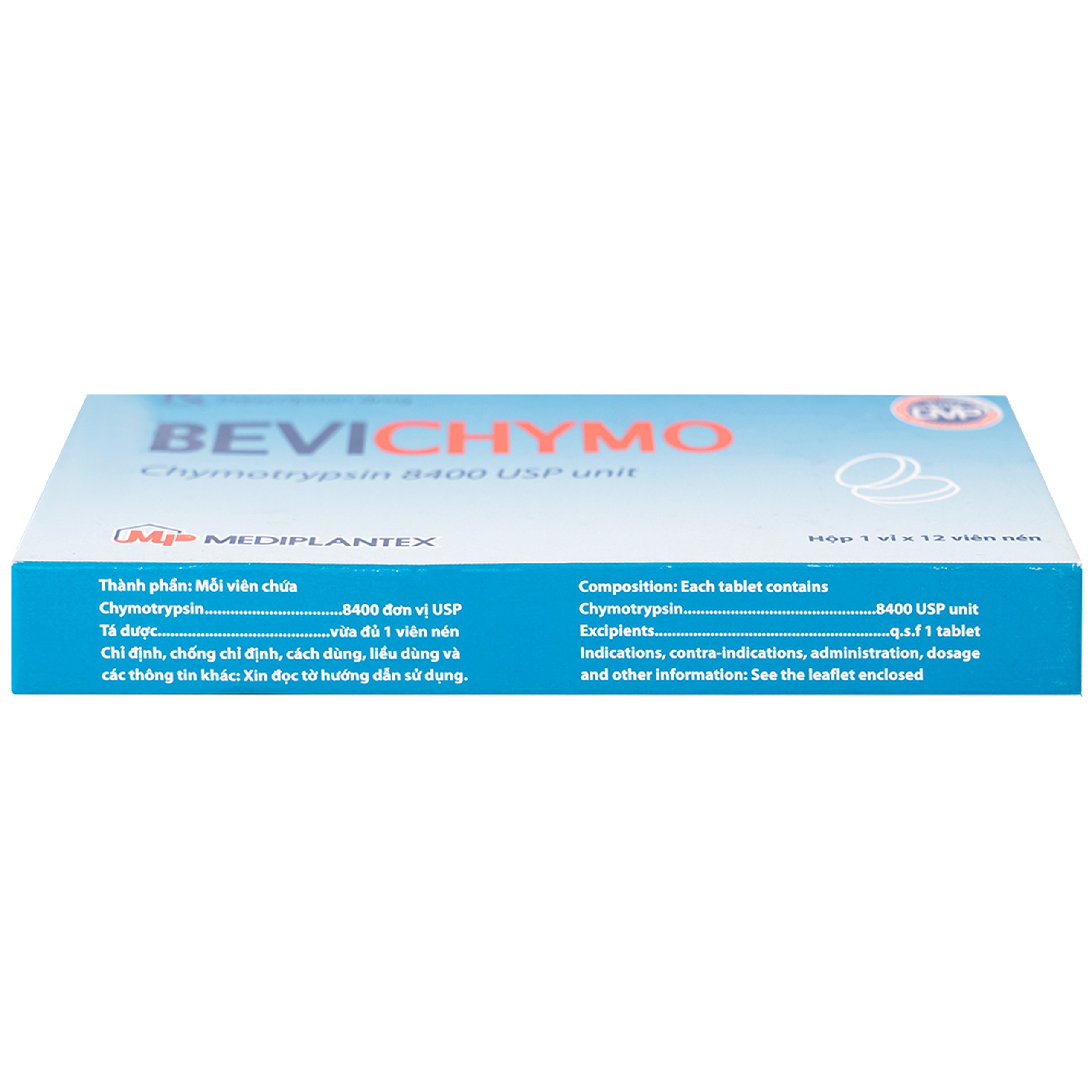 Thuốc Bevichymo Chymotrypsin 8400 USP Mediplantex điều trị các trường hợp phù nề sau chấn thương, phẫu thuật, bỏng (1 vỉ x 12 viên)