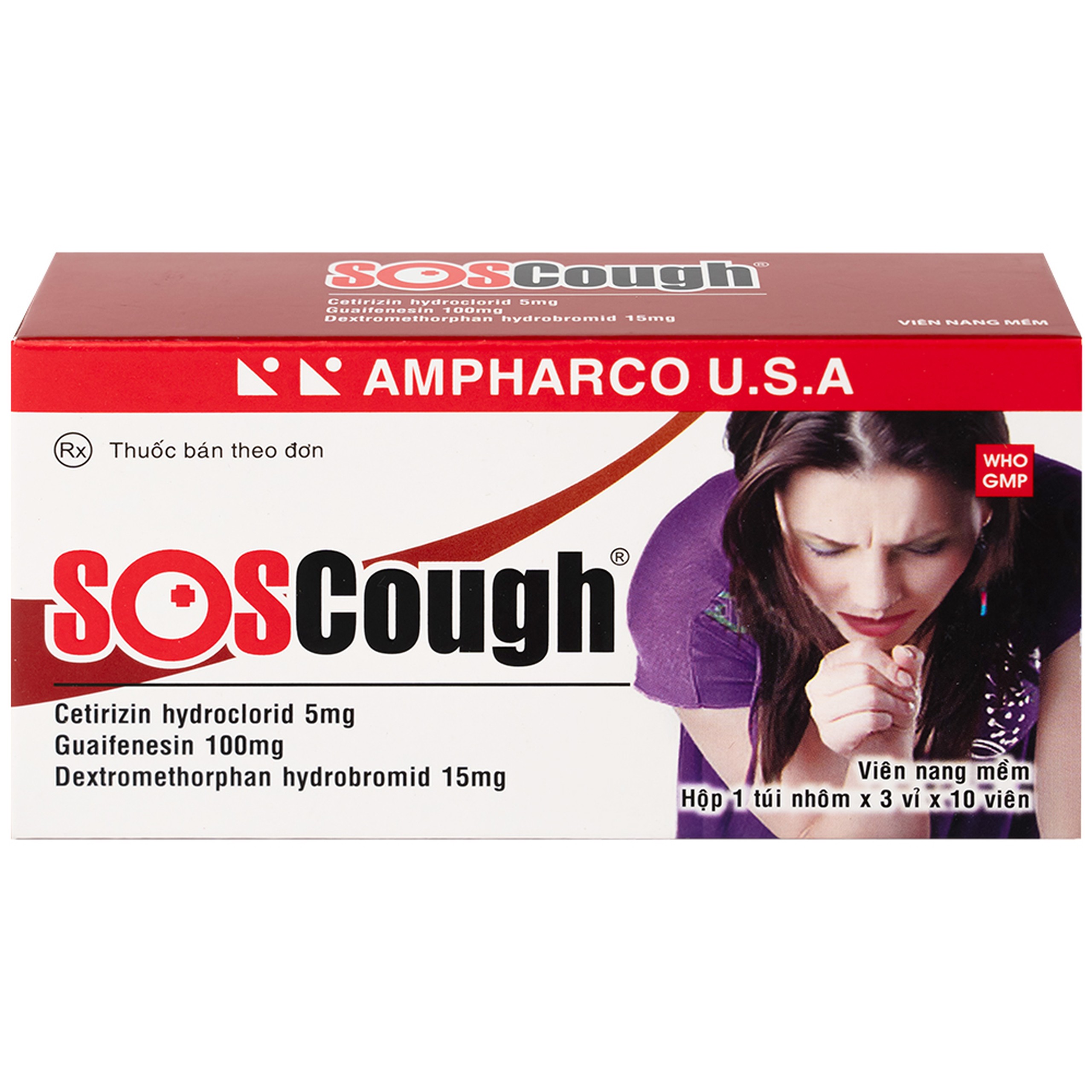 Thuốc SOSCough Ampharco điều trị ho khan, ho do kích ứng (3 vỉ x 10 viên)