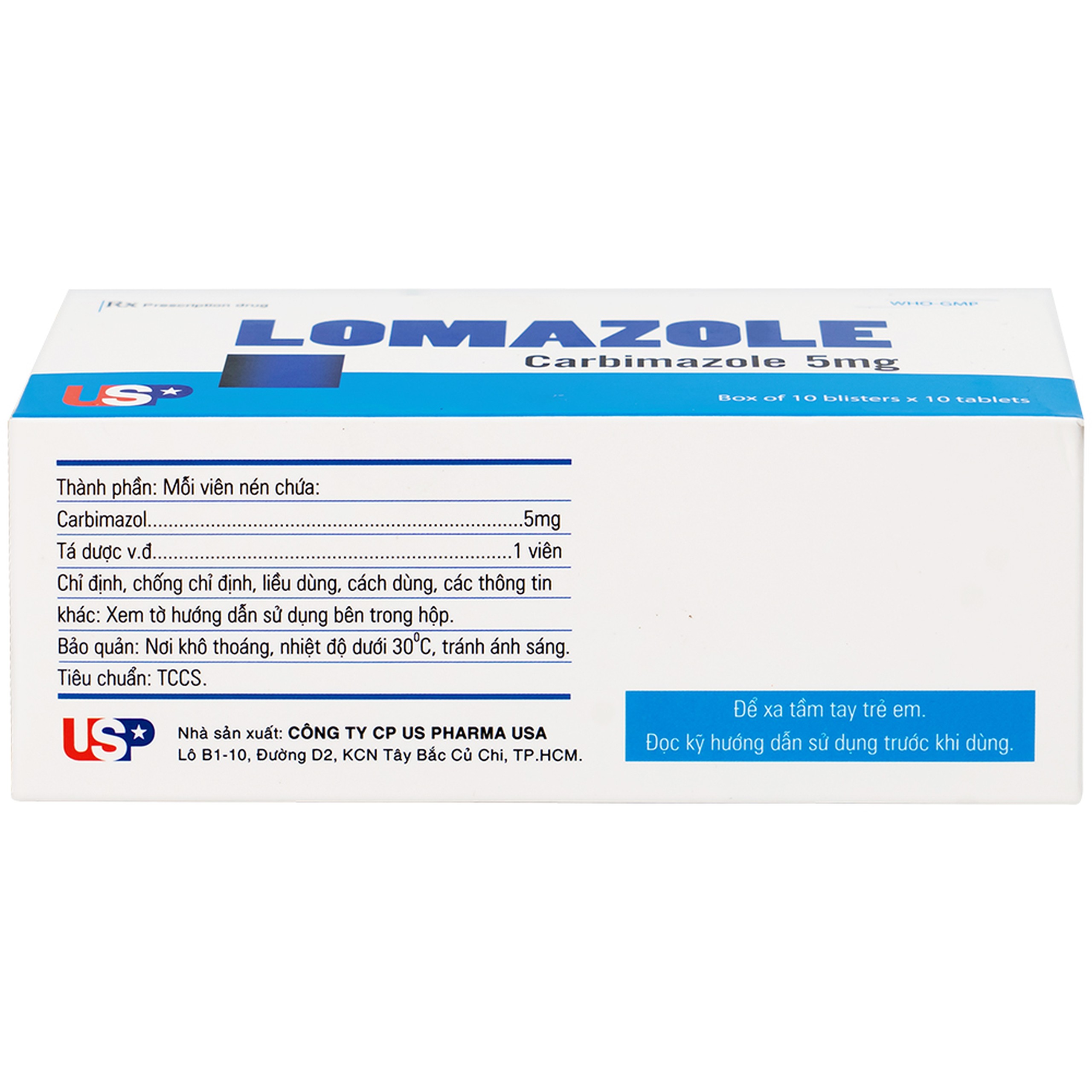 Thuốc Lomazole 5mg US Pharma điều trị bệnh Basedow, nhiễm độc tuyến giáp, cường giáp khi thai nghén (10 vỉ x 10 viên)