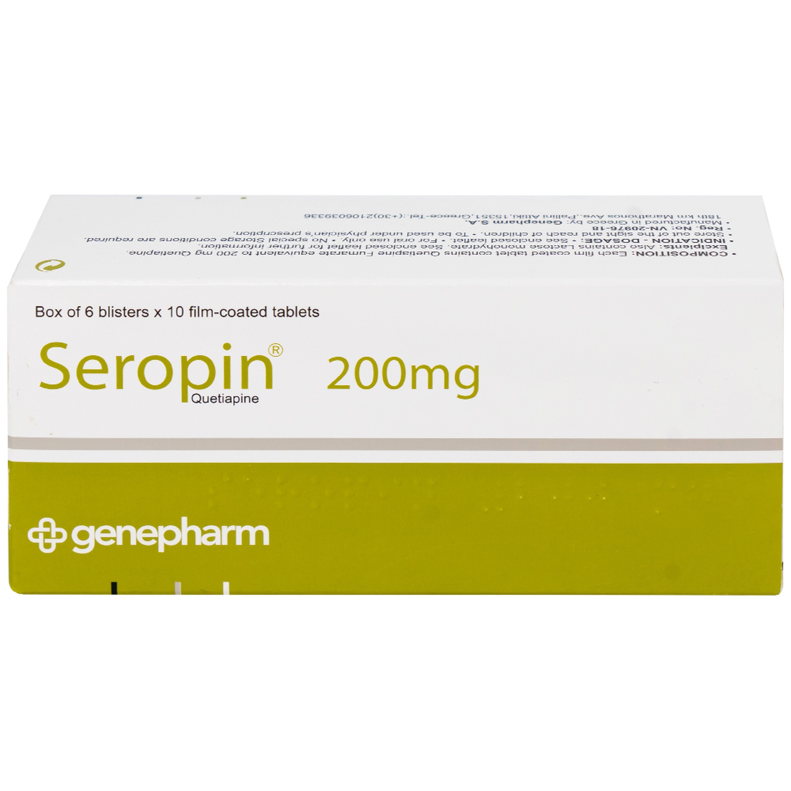 Thuốc Seropin 200mg Genepharm điều trị tâm thần phân liệt, hưng cảm lưỡng cực, trầm cảm lưỡng cực (6 vỉ x 10 viên)