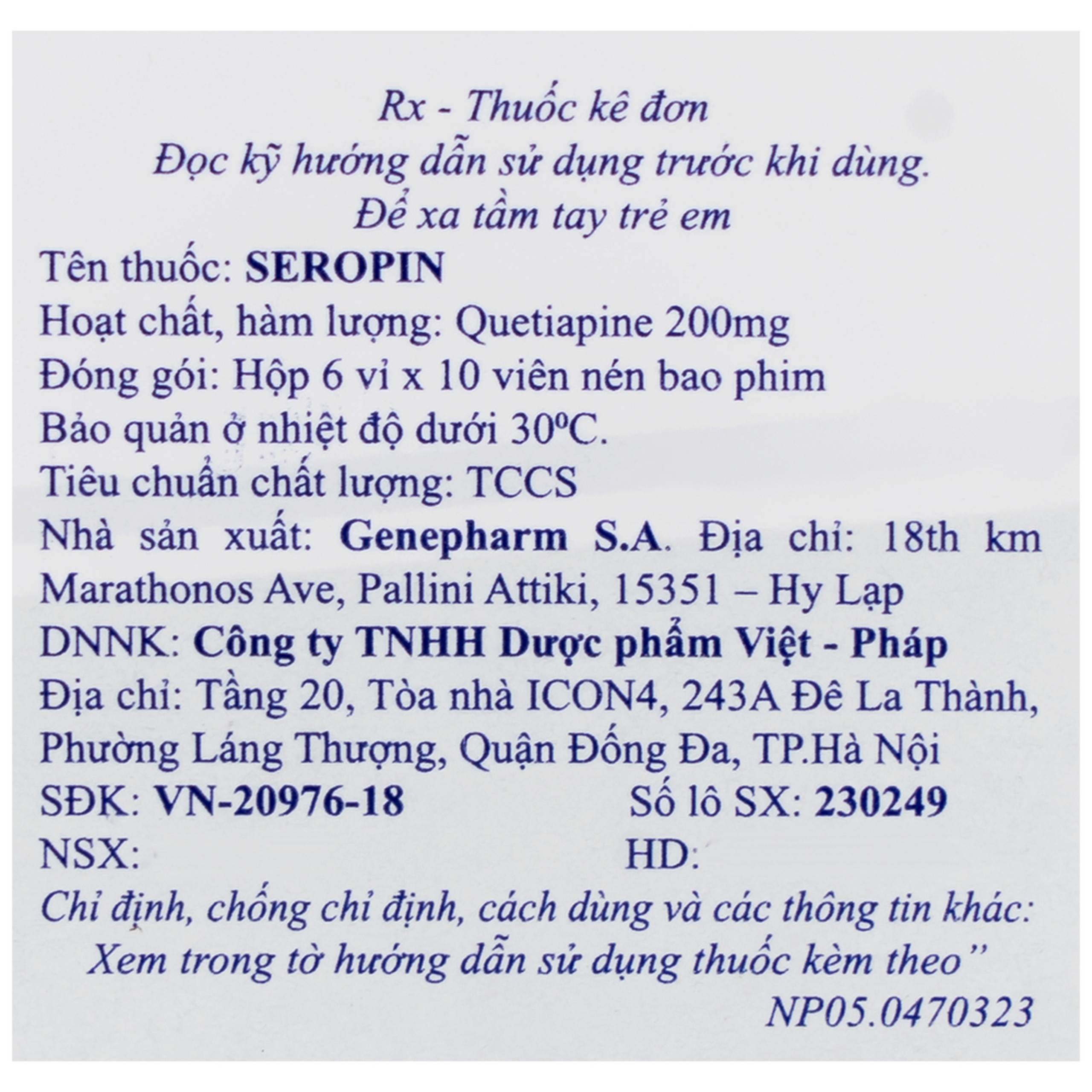 Thuốc Seropin 200mg Genepharm điều trị tâm thần phân liệt, hưng cảm lưỡng cực, trầm cảm lưỡng cực (6 vỉ x 10 viên)