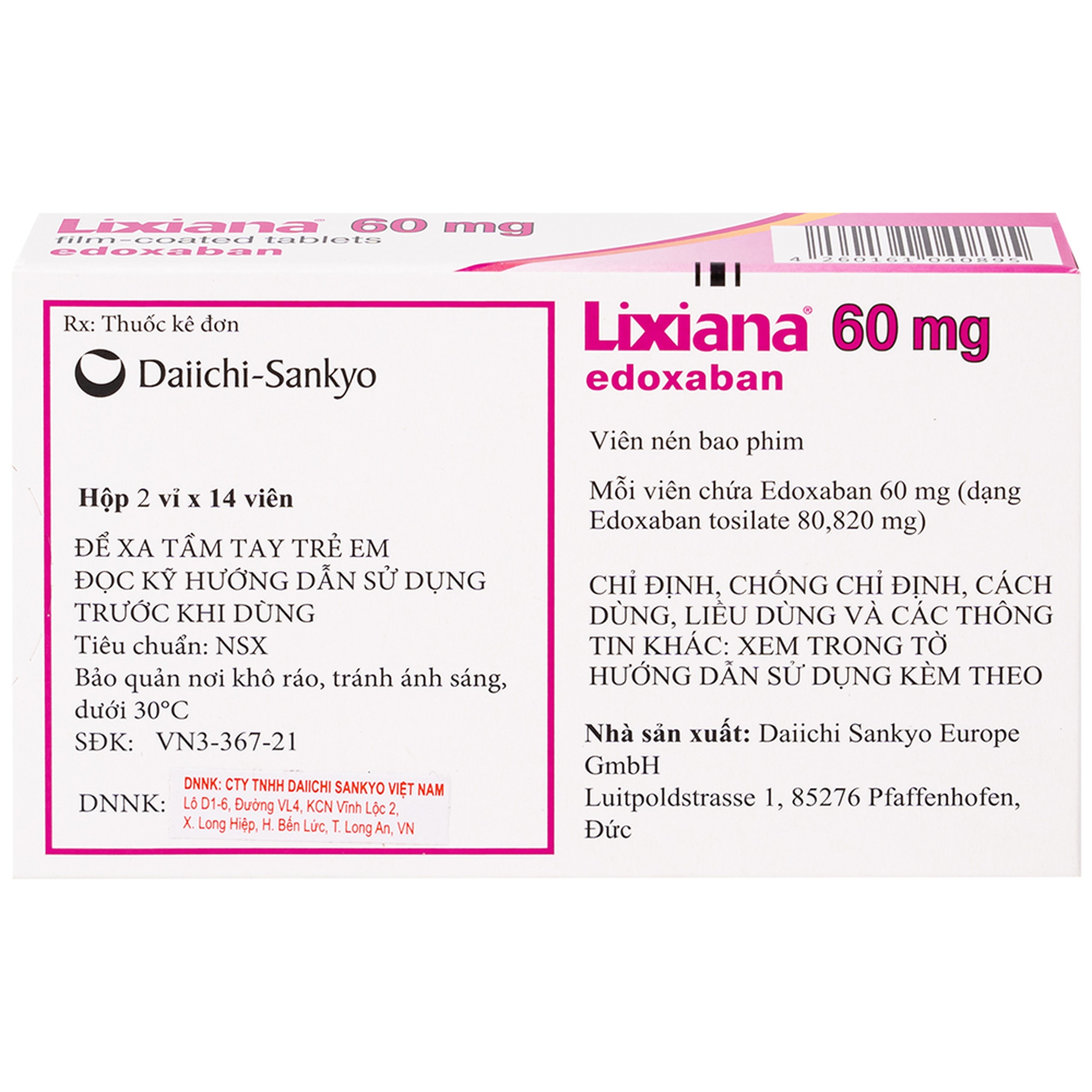 Thuốc Lixiana 60mg Daiichi-Sankyo phòng ngừa đột quỵ và cục máu đông (2 vỉ x 14 viên)