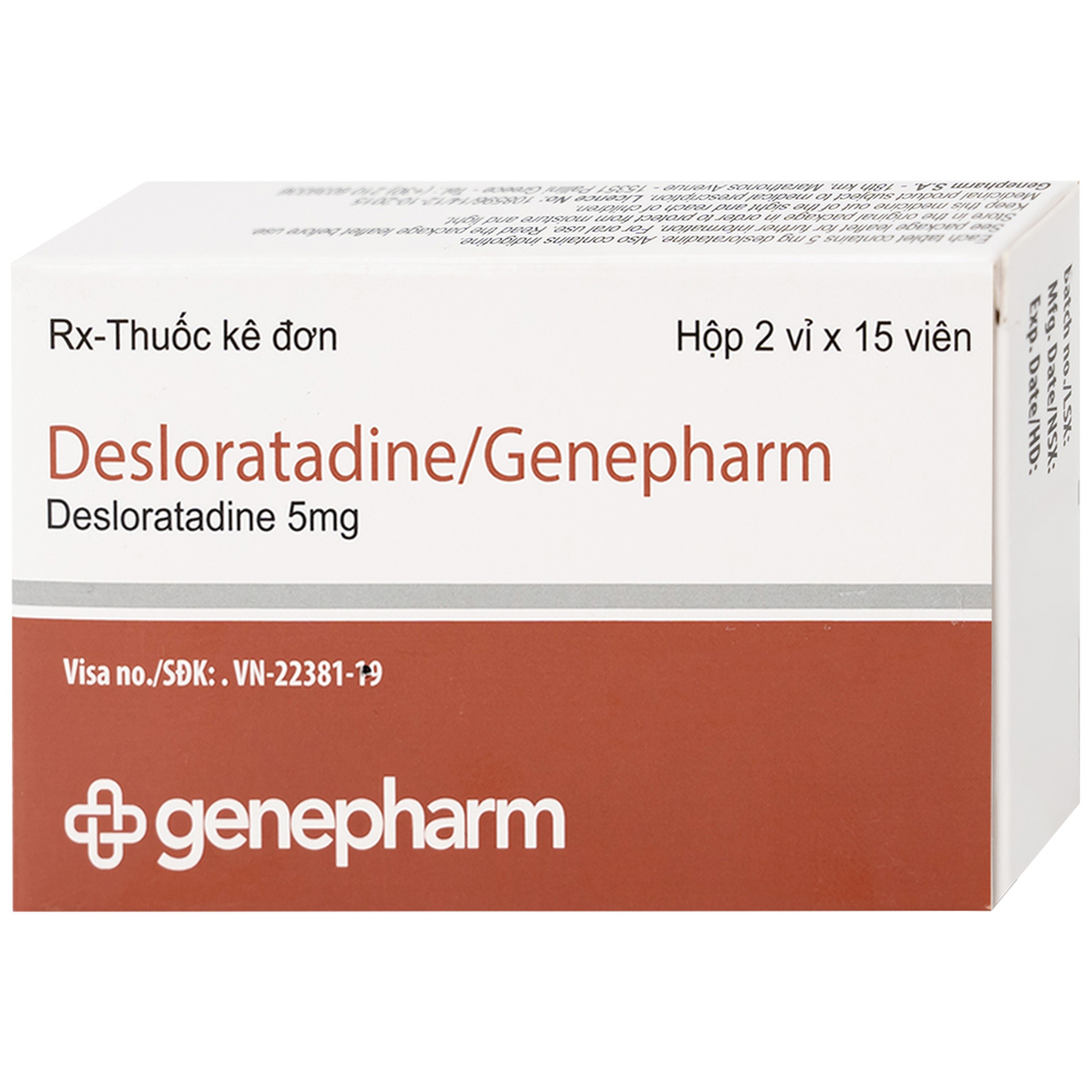Thuốc Desloratadine 5mg Genepharm giảm các triệu chứng viêm mũi dị ứng, mày đay (2 vỉ x 15 viên)