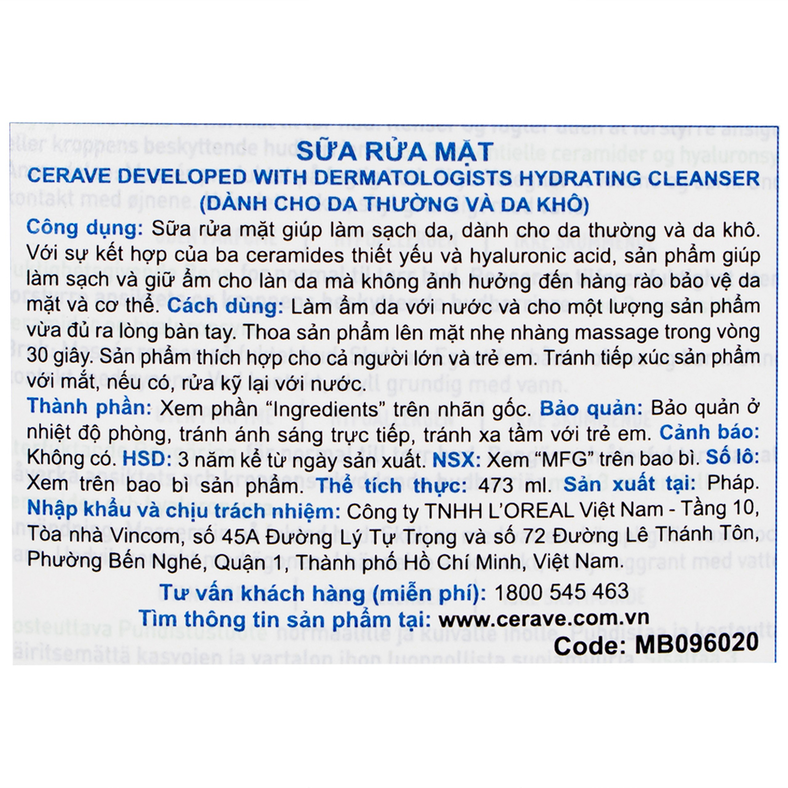 Sữa rửa mặt cho da thường và khô Cerave Hydrating Cleanser 473ml