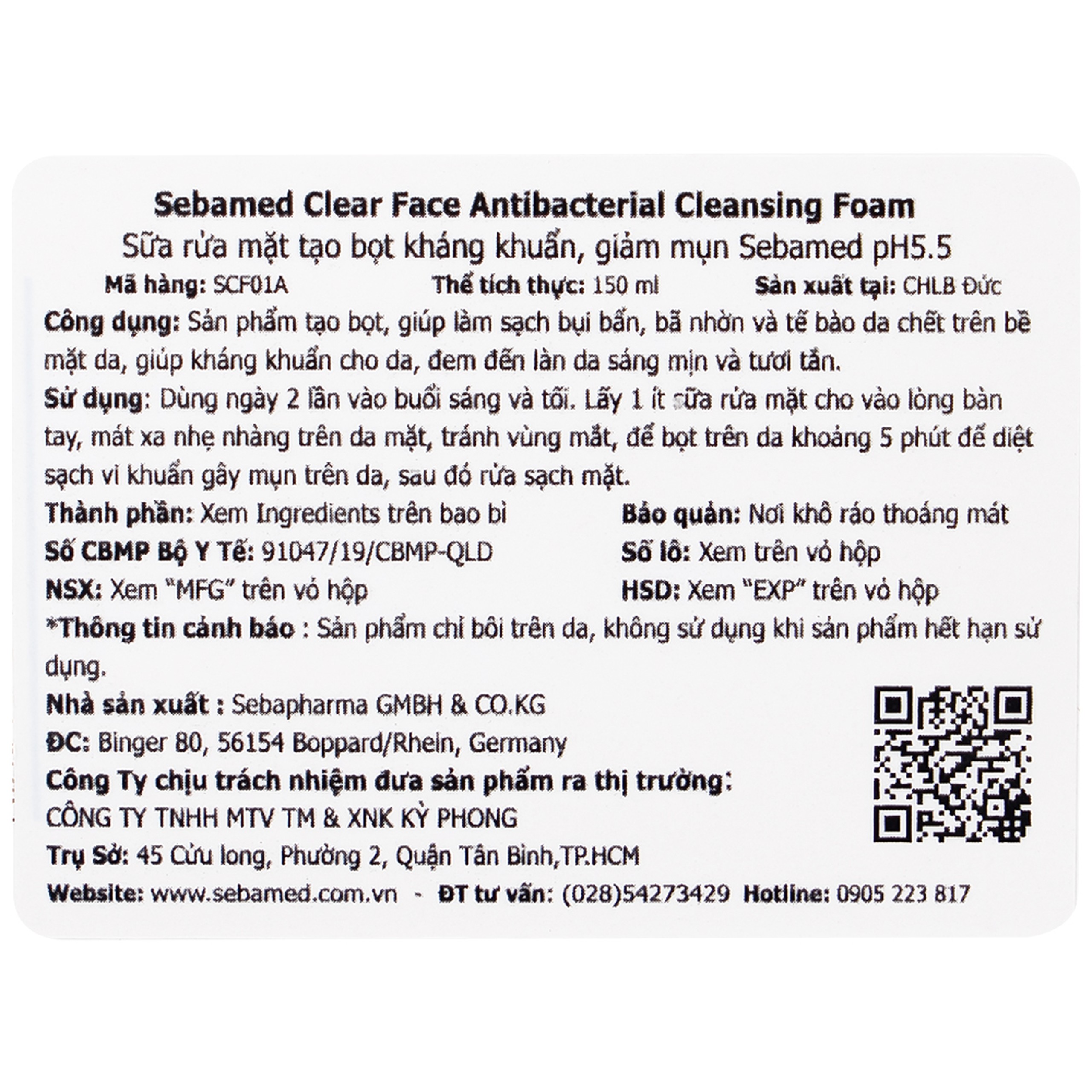 Sữa rửa mặt Clear Face Antibacterial Cleansing Foam Sebamed giúp làm sạch bụi bẩn, bã nhờn và tế bào da chết (150ml)
